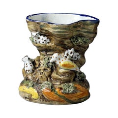 Antique Prattware Spill Vase with a Skull and Cross Bones, Lambs and Birds, 1800