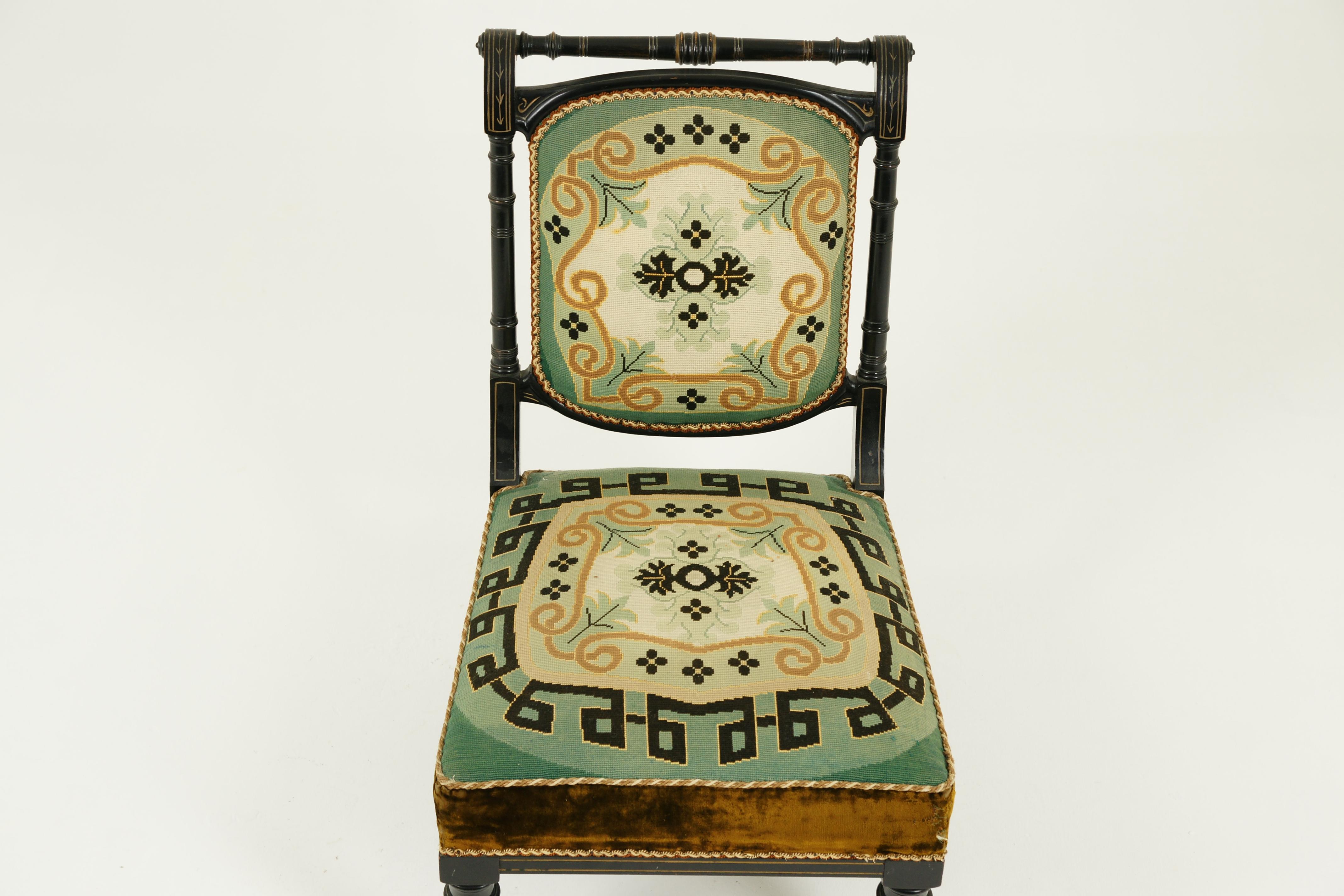 Antique prayer chair, ebonized chair, aesthetic movement, Prie Dieu, Scotland 1880, Antique Furniture, B1562

Scotland, 1880
Original finish
Turned rail on top
Turned supports to the side
Shaped show frame with crisp needlepoint back
Stuffed
