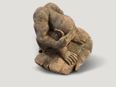 Antique Hand-Carved Buddha Sculpture, Rustic Wood, Circa 1930