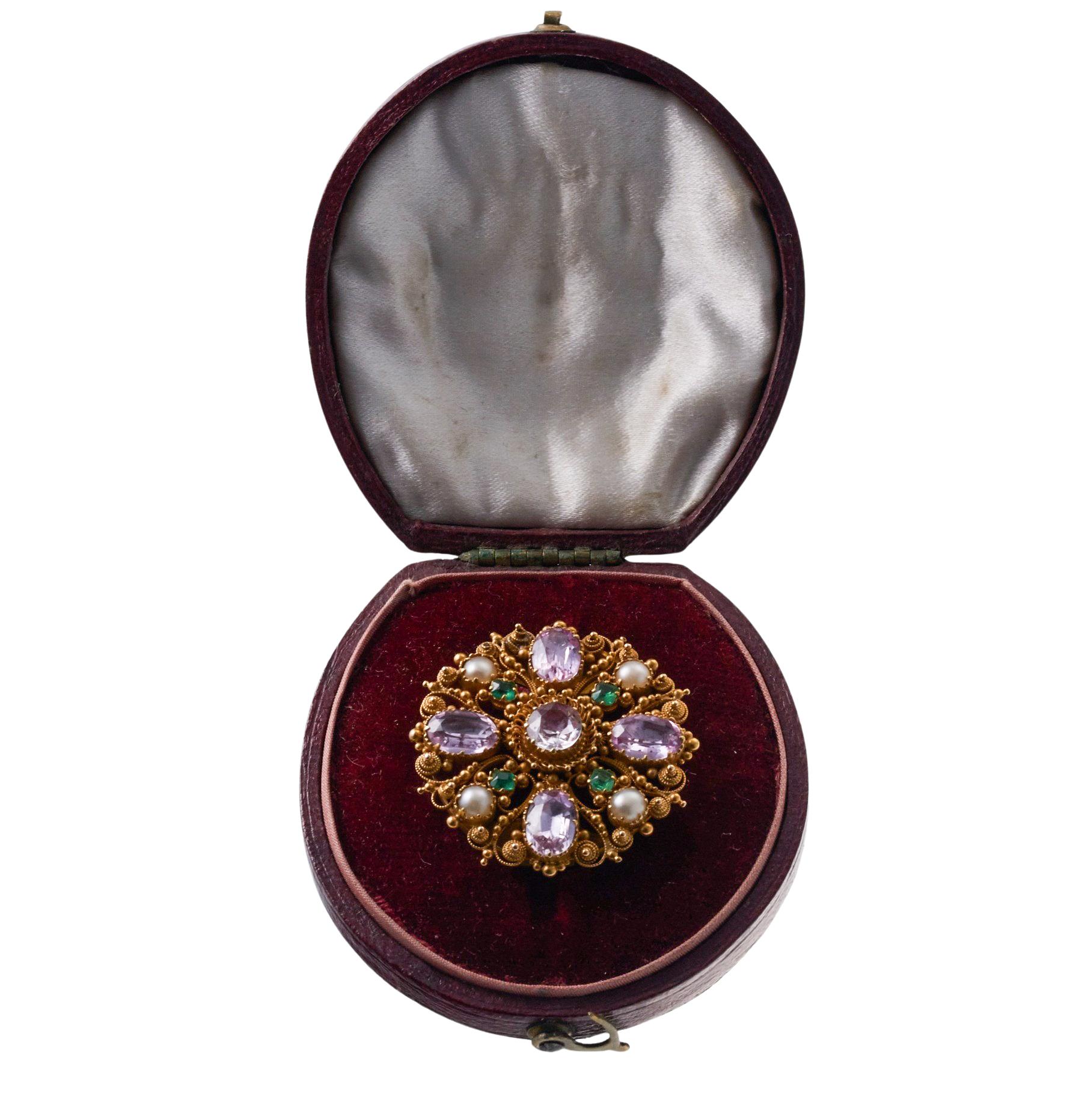 Antique 14k gold brooch, set with pearls, emeralds and precious pink topaz. Brooch comes in a fitter original box, measures 30mm in diameter.  Weight of the piece - 8.3 grams. 