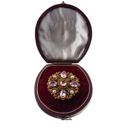 Antique Precious Pink Topaz Emerald Pearl Gold Brooch