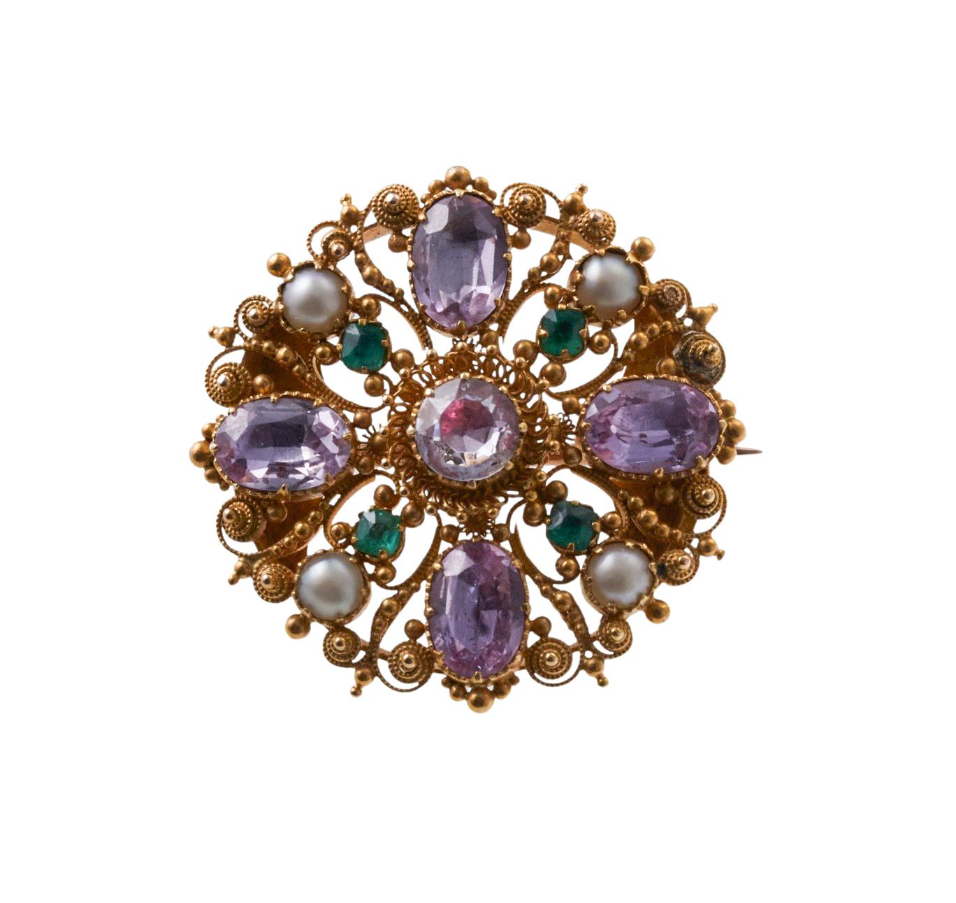 Round Cut Antique Precious Pink Topaz Emerald Pearl Gold Brooch  For Sale