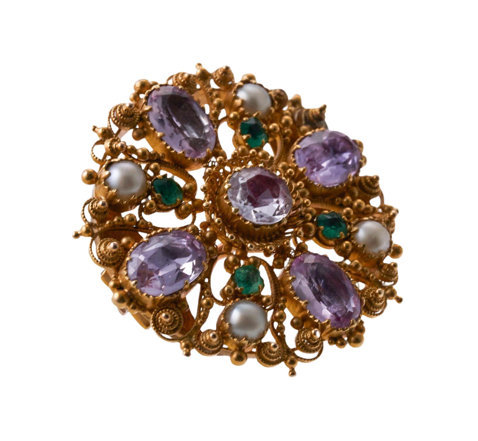 Women's Antique Precious Pink Topaz Emerald Pearl Gold Brooch  For Sale