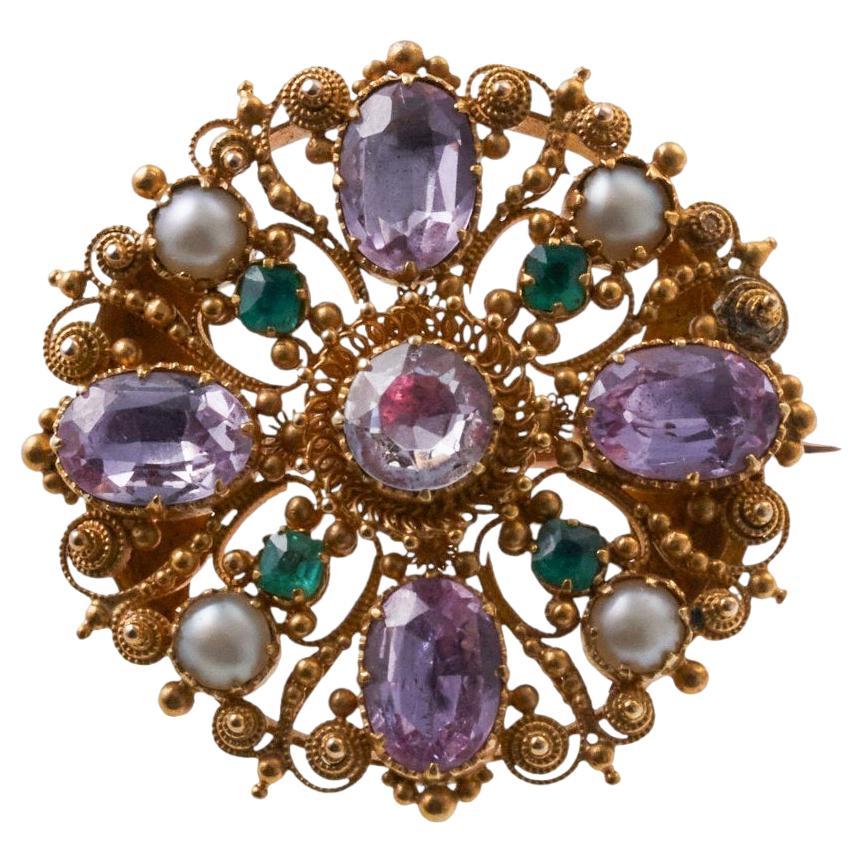 Antique Precious Pink Topaz Emerald Pearl Gold Brooch  For Sale