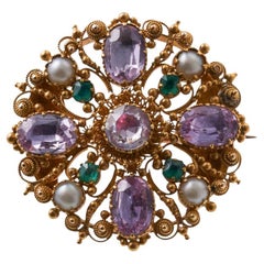Antike Goldbrosche mit Edelsteinen, rosa Topas, Smaragd, Perle 
