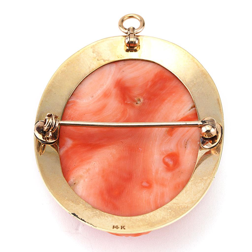 Art Nouveau Antique Precious Red Coral Cameo Pin Brooch In 14K Yellow Gold For Sale