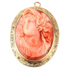 Used Precious Red Coral Cameo Pin Brooch In 14K Yellow Gold