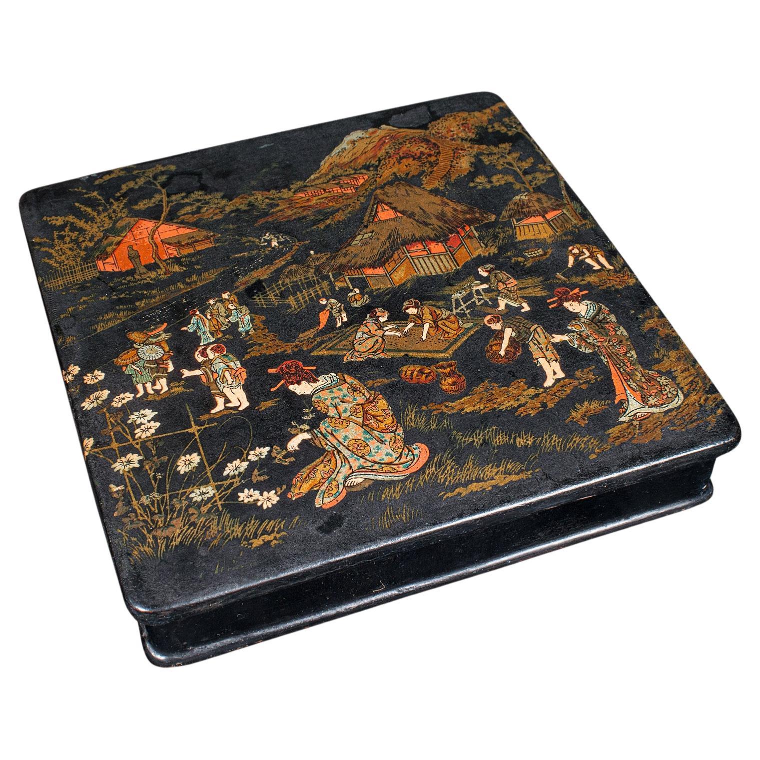 Antique Presentation Box, Japanese, Lacquered, Hand Painted, Oriental, Victorian For Sale