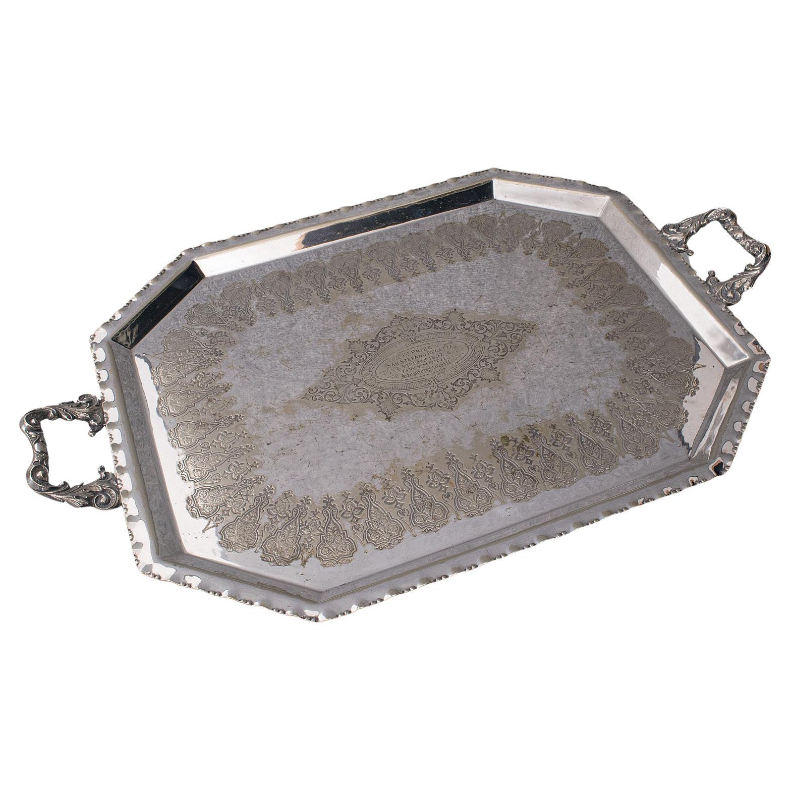 Antique Presentation Serving Tray, English, Silver Plated, Afternoon Tea, C.1895