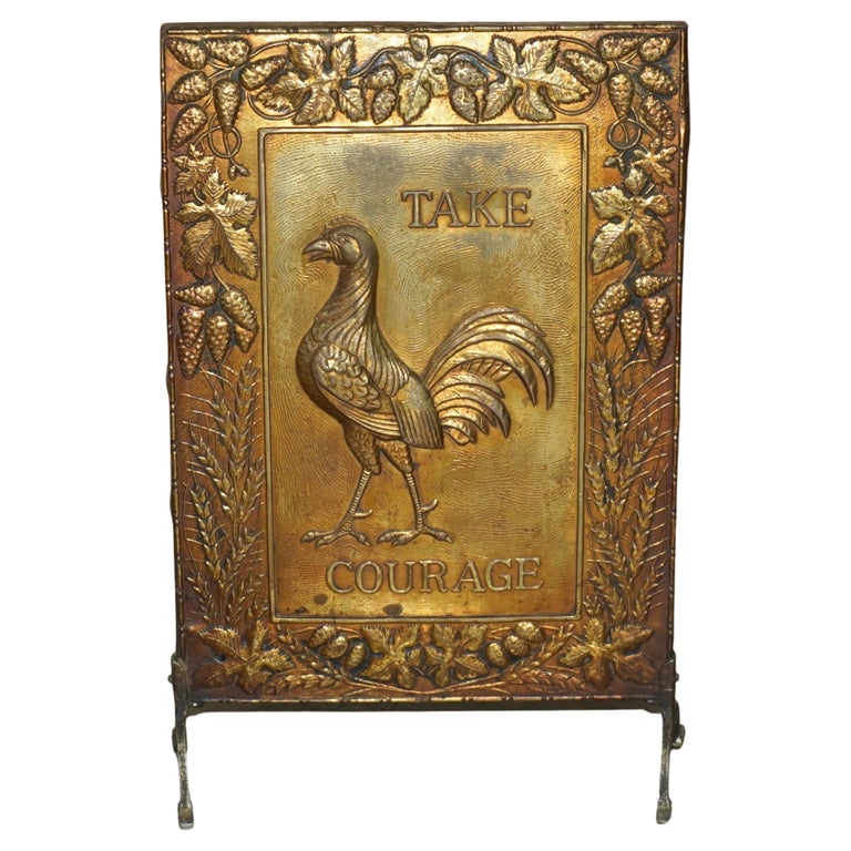 ANTiQUE PRESSED BRASS 19TH CENTURY "TAKE COURAGE" ALE FIRE PLACE SCREEN  GUARD For Sale at 1stDibs