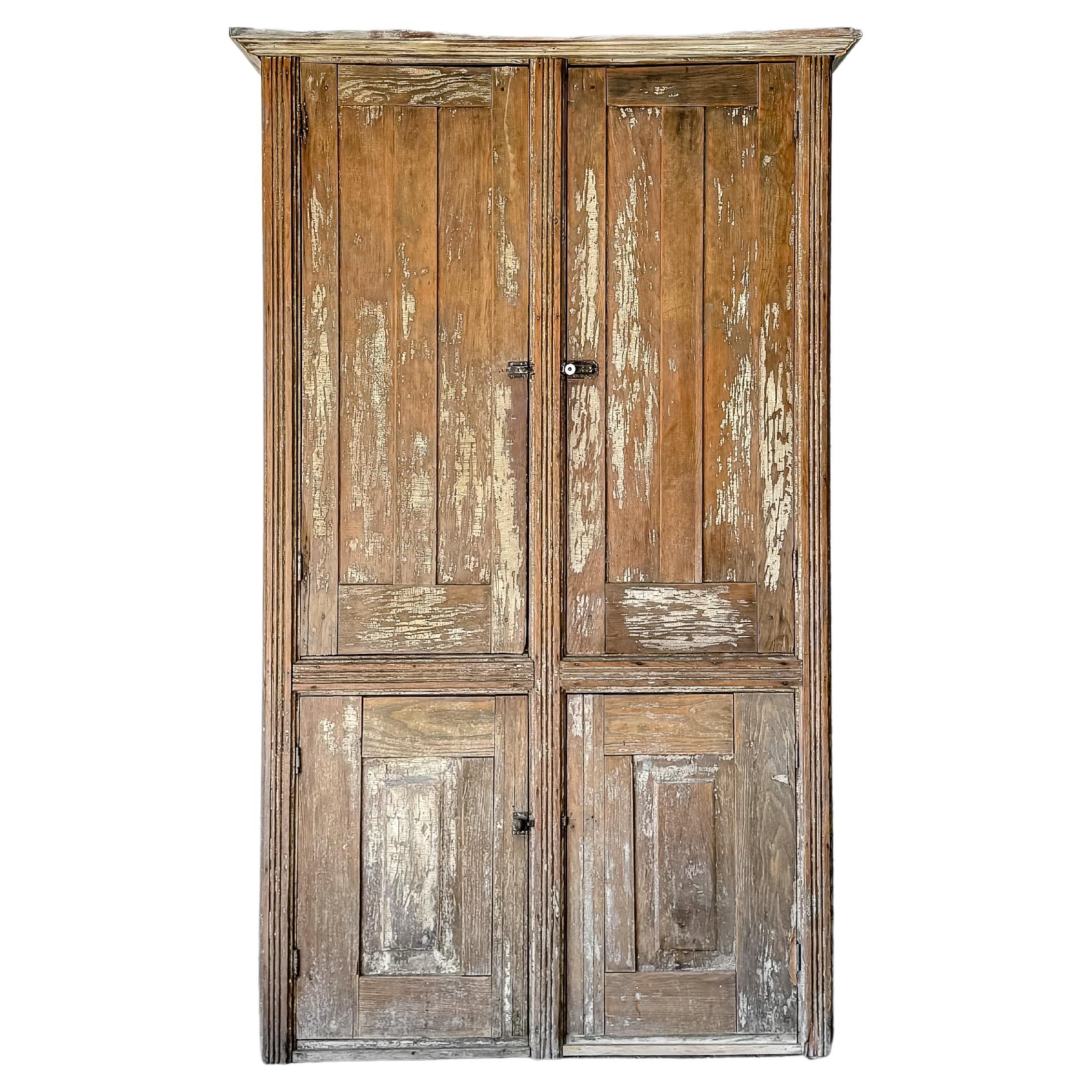 Antique Primitive 4 Door Cupboard with Worn Paint