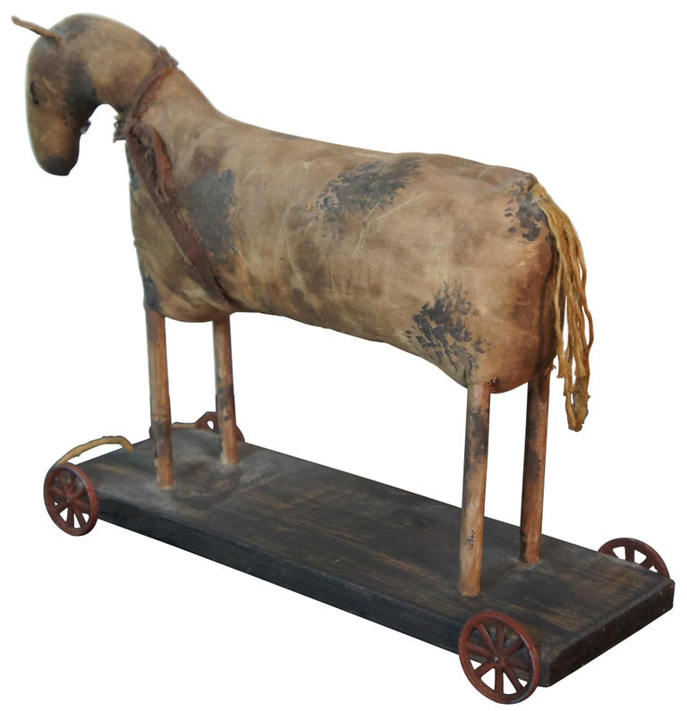 Antique Americana Folk Art Stuffed Horse Pull Toy Platform Cart In Good Condition For Sale In Dayton, OH