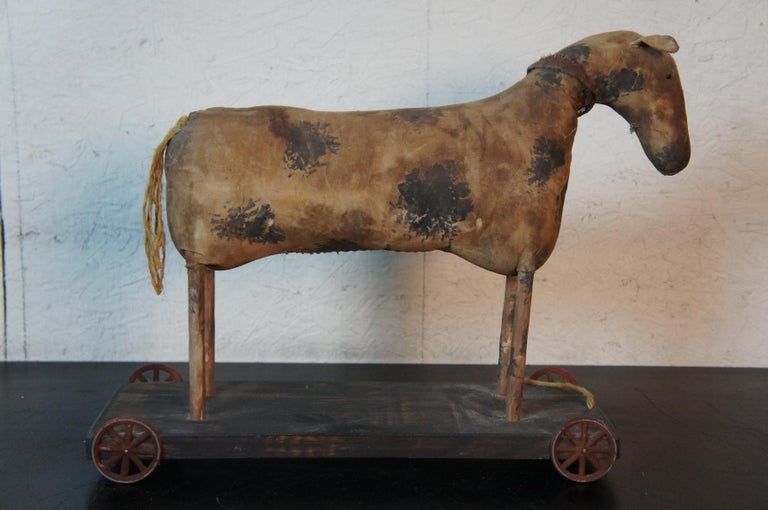 Fabric Antique Americana Folk Art Stuffed Horse Pull Toy Platform Cart For Sale