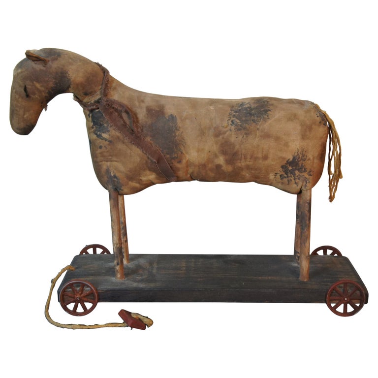 Antique Americana Folk Art Stuffed Horse Pull Toy Platform Cart For Sale
