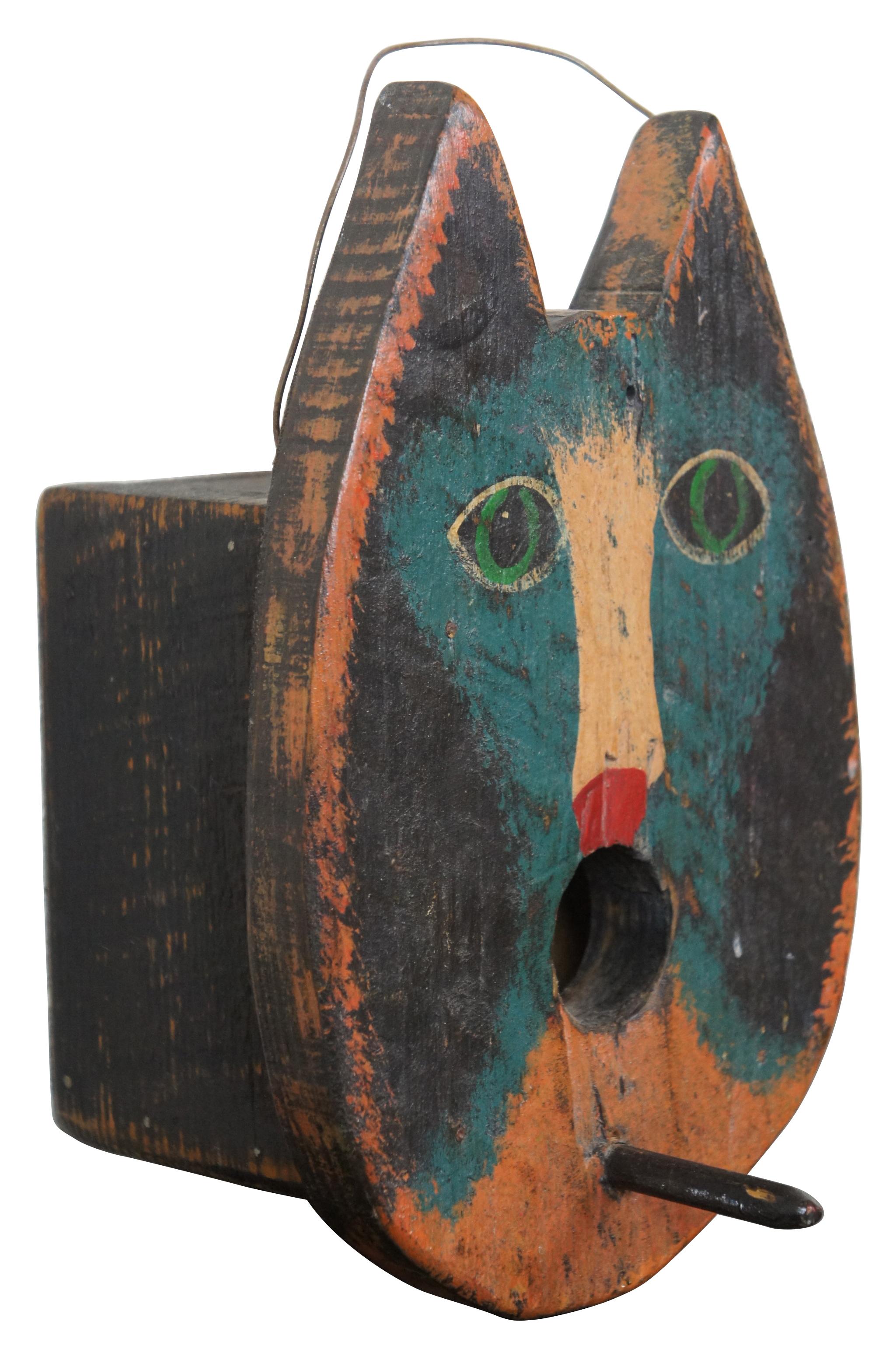 Antique Primitive Arts & Crafts Folk Art Painted Hanging Cat Birdhouse In Good Condition In Dayton, OH