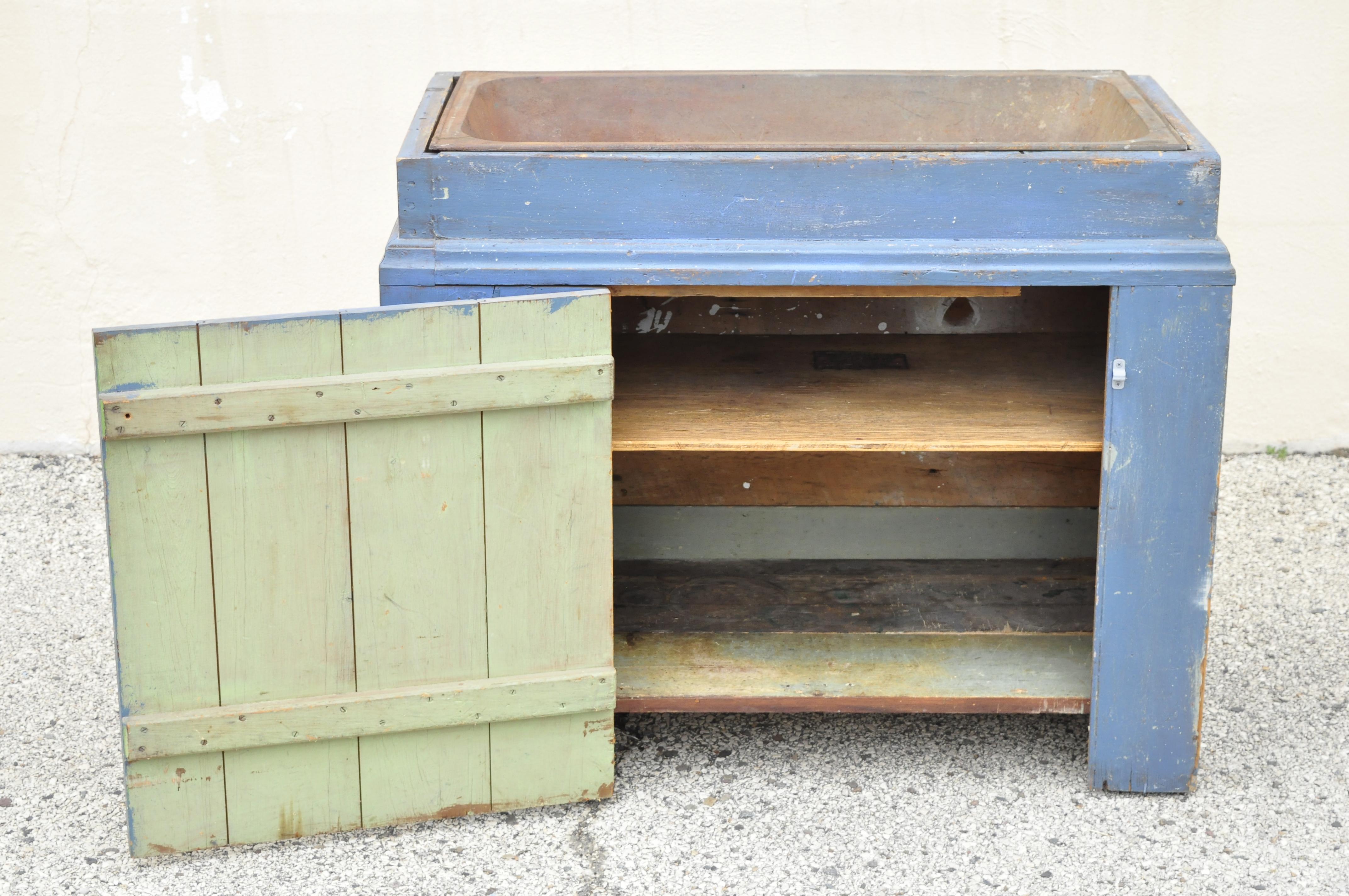 North American Antique Blue Distress Painted Cupboard Cabinet Vanity Cast Iron Sink For Sale