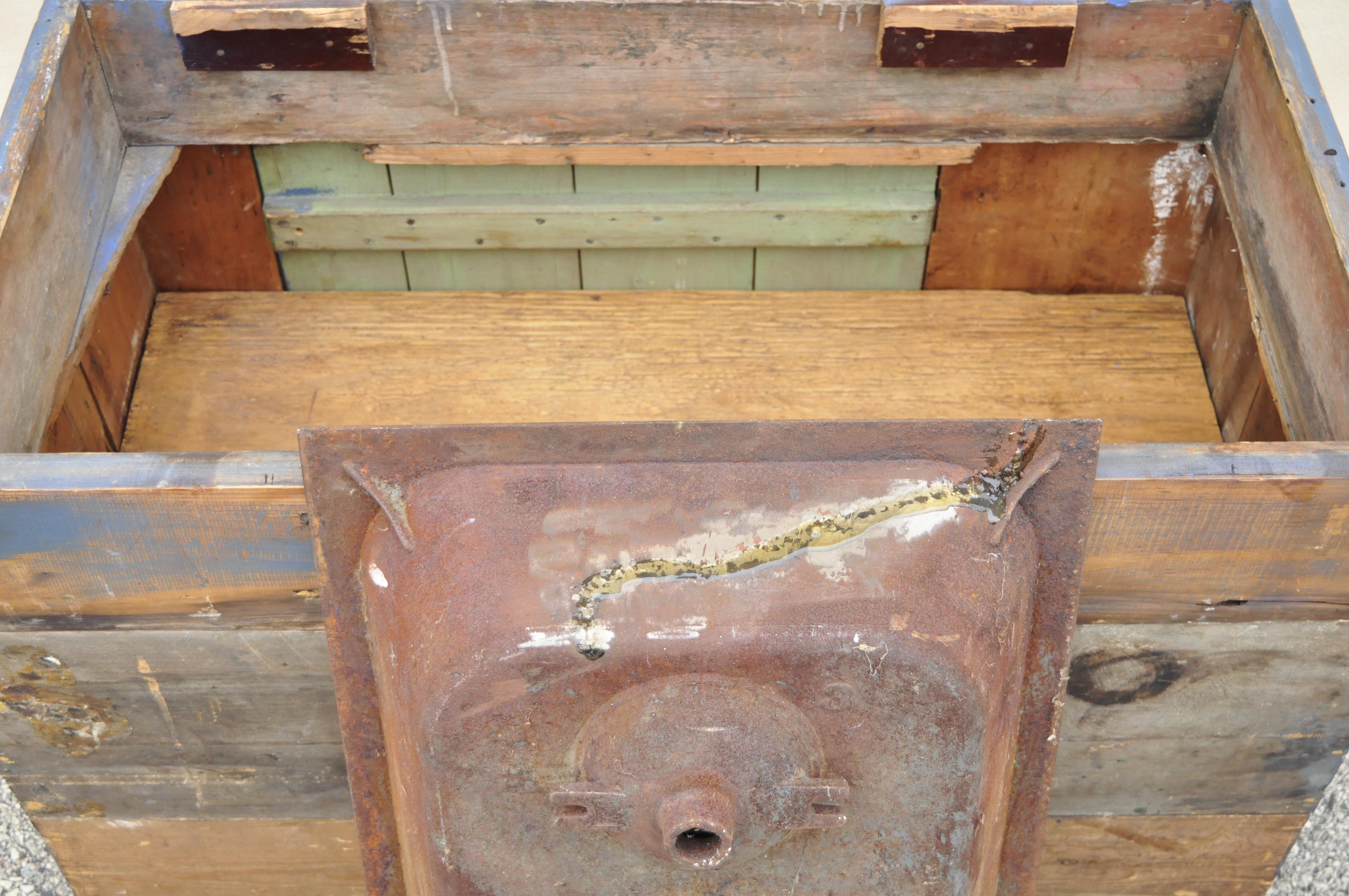 Antique Blue Distress Painted Cupboard Cabinet Vanity Cast Iron Sink In Good Condition For Sale In Philadelphia, PA