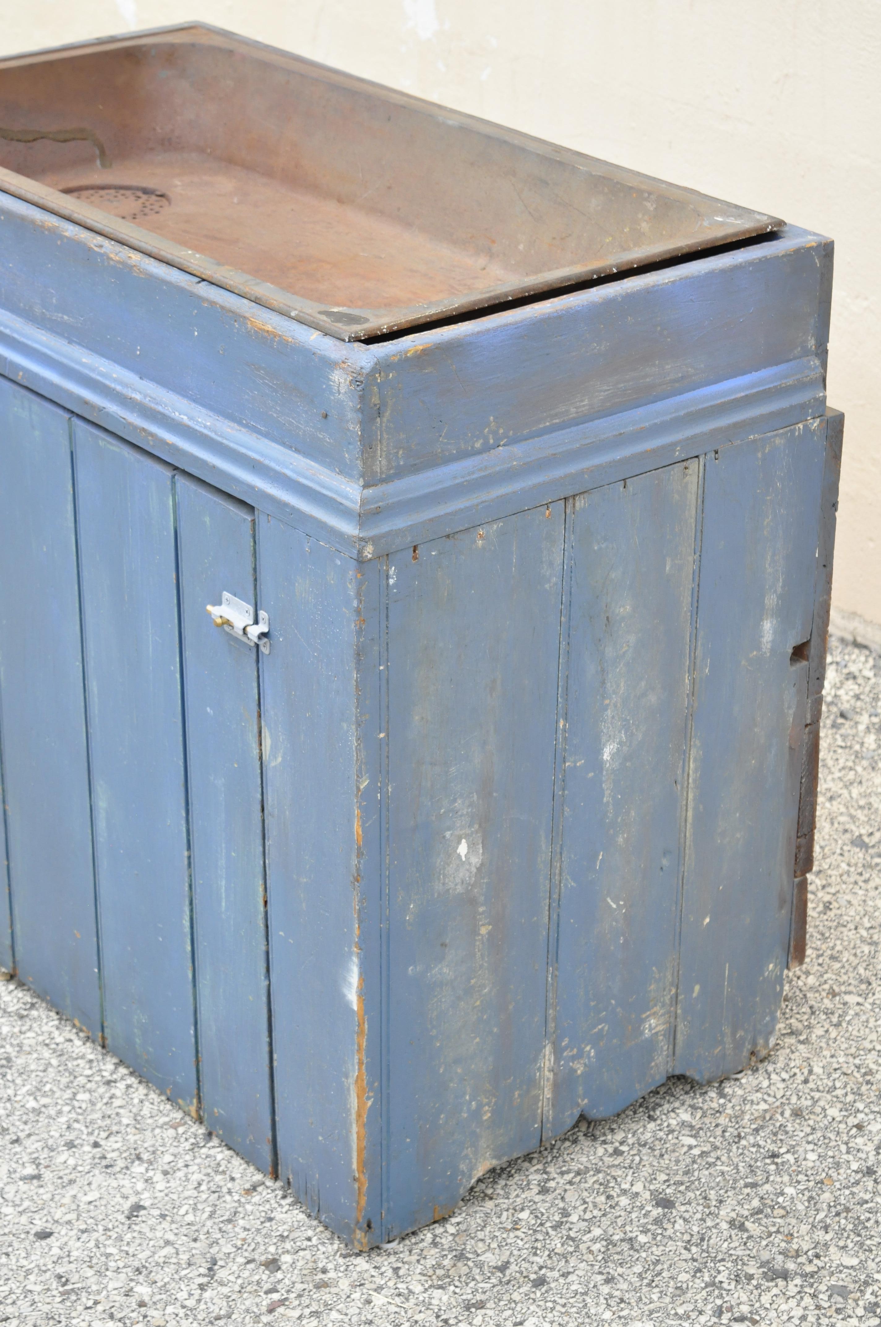 19th Century Antique Blue Distress Painted Cupboard Cabinet Vanity Cast Iron Sink For Sale