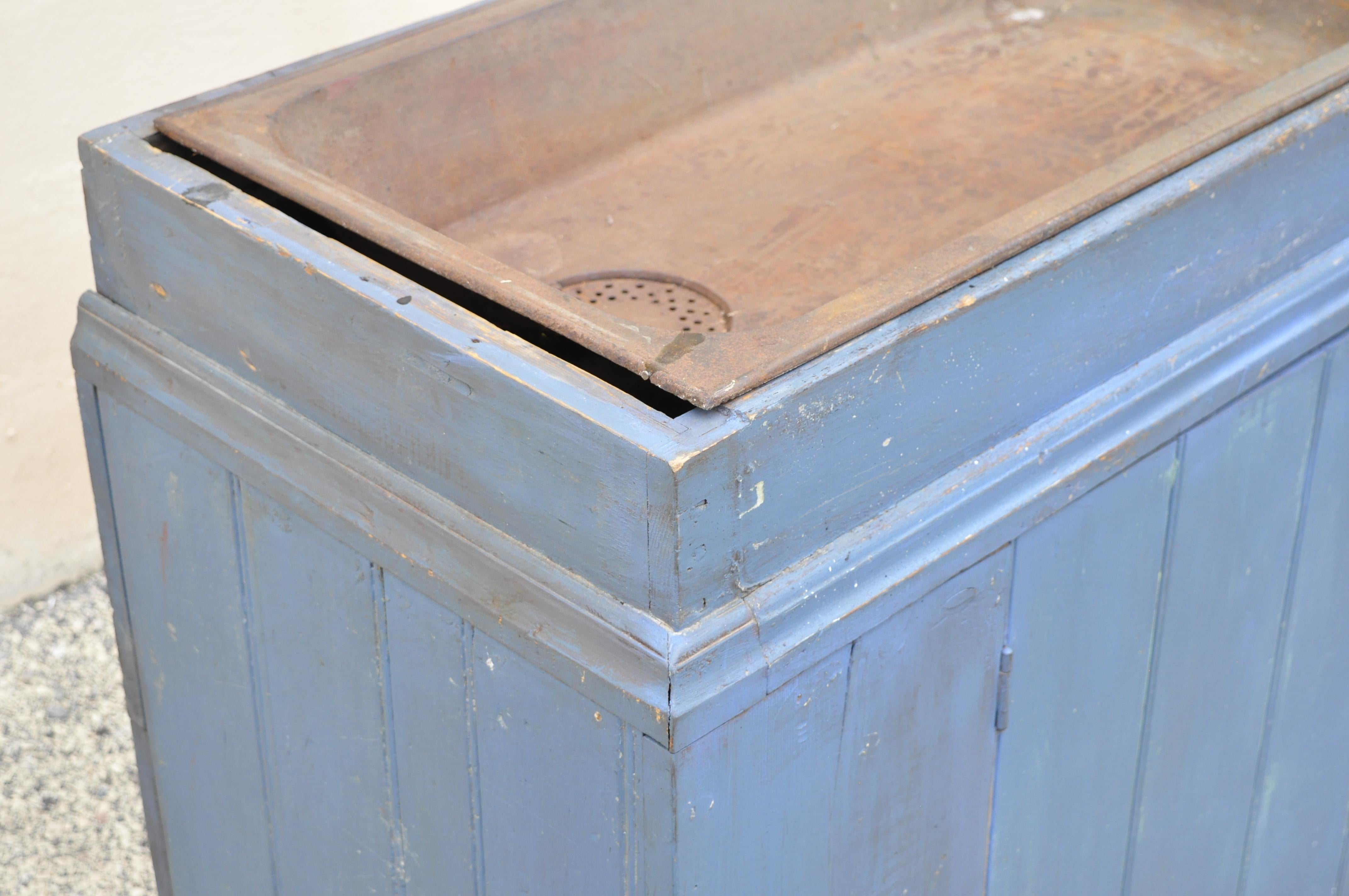 Antique Blue Distress Painted Cupboard Cabinet Vanity Cast Iron Sink For Sale 2