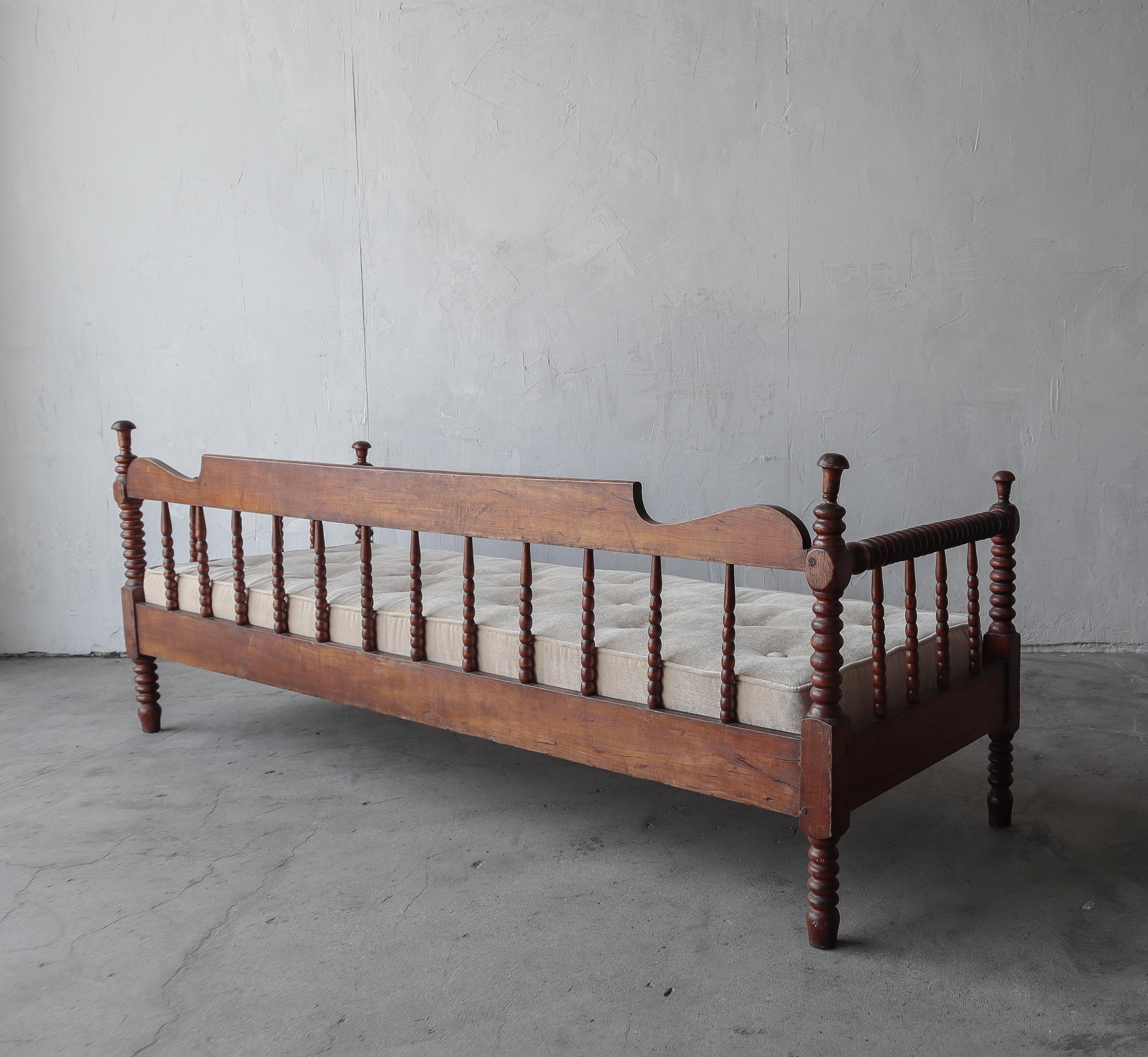 19th Century Antique Primitive Carved Wood Daybed Bench