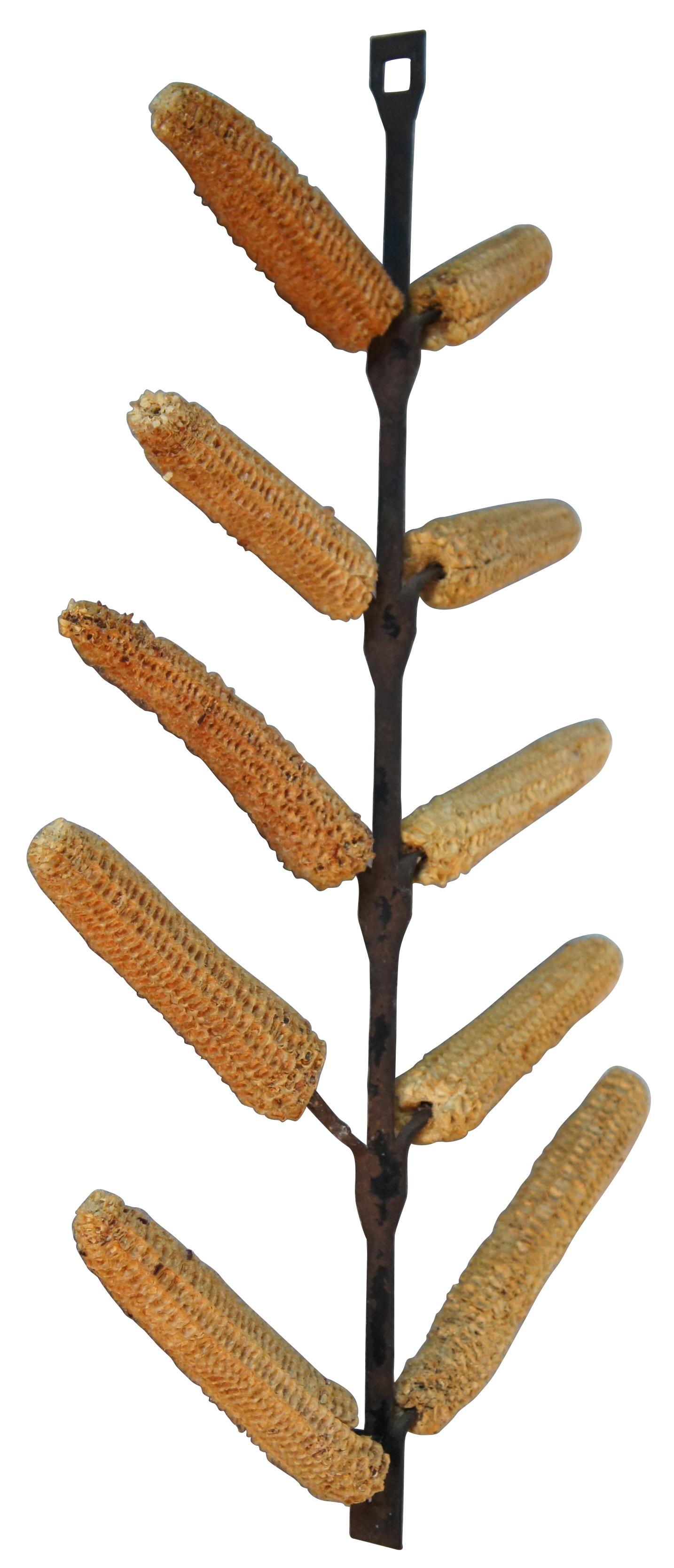 Rustic ten arm cast iron corn cob drying rack; includes decorative dried corn cobs. Measure: 19
