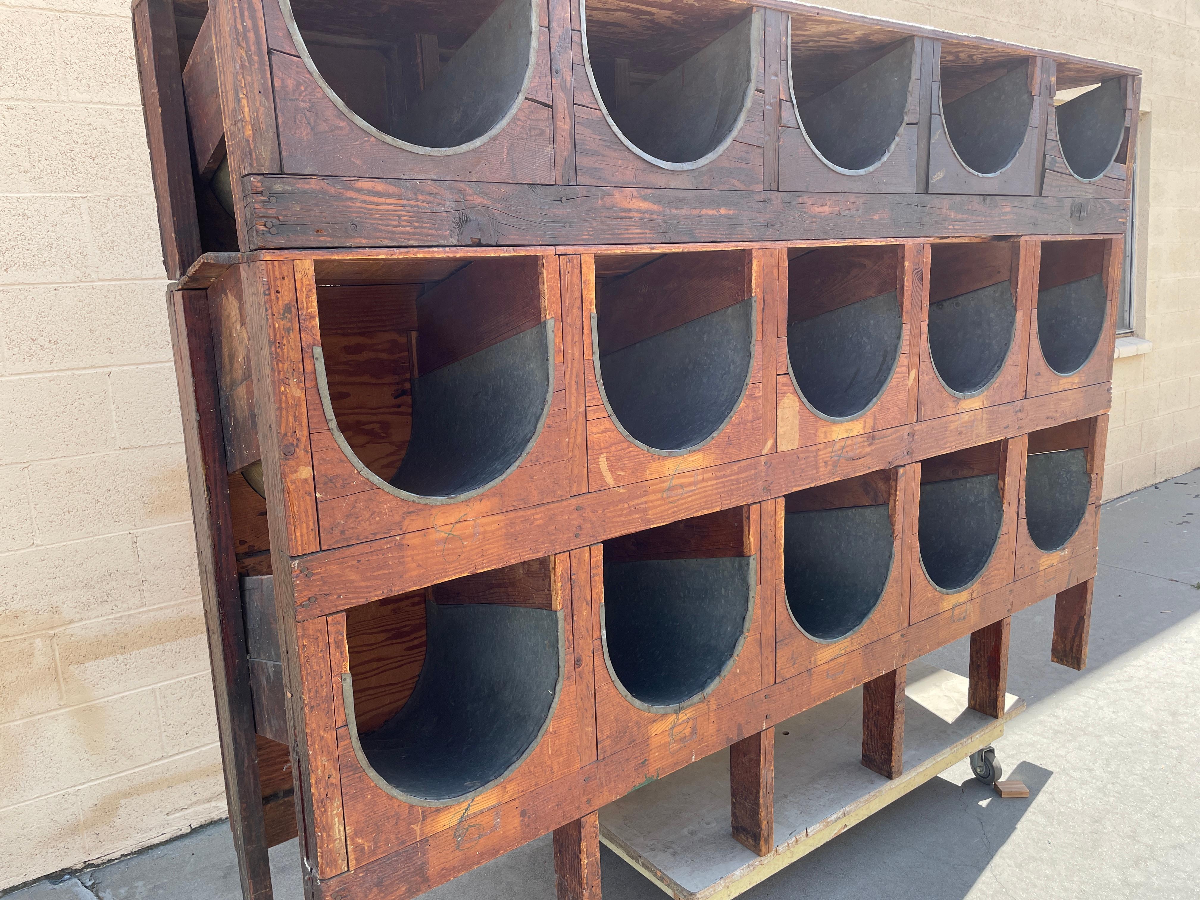 Very rare 15 compartment vintage chicken roosting box. Galvanized steel lined bottoms in each bin. Was used for merchandise in an upscale vintage boutique in West Hollywood. Some light surface wear and tear due to age, otherwise fully functional and