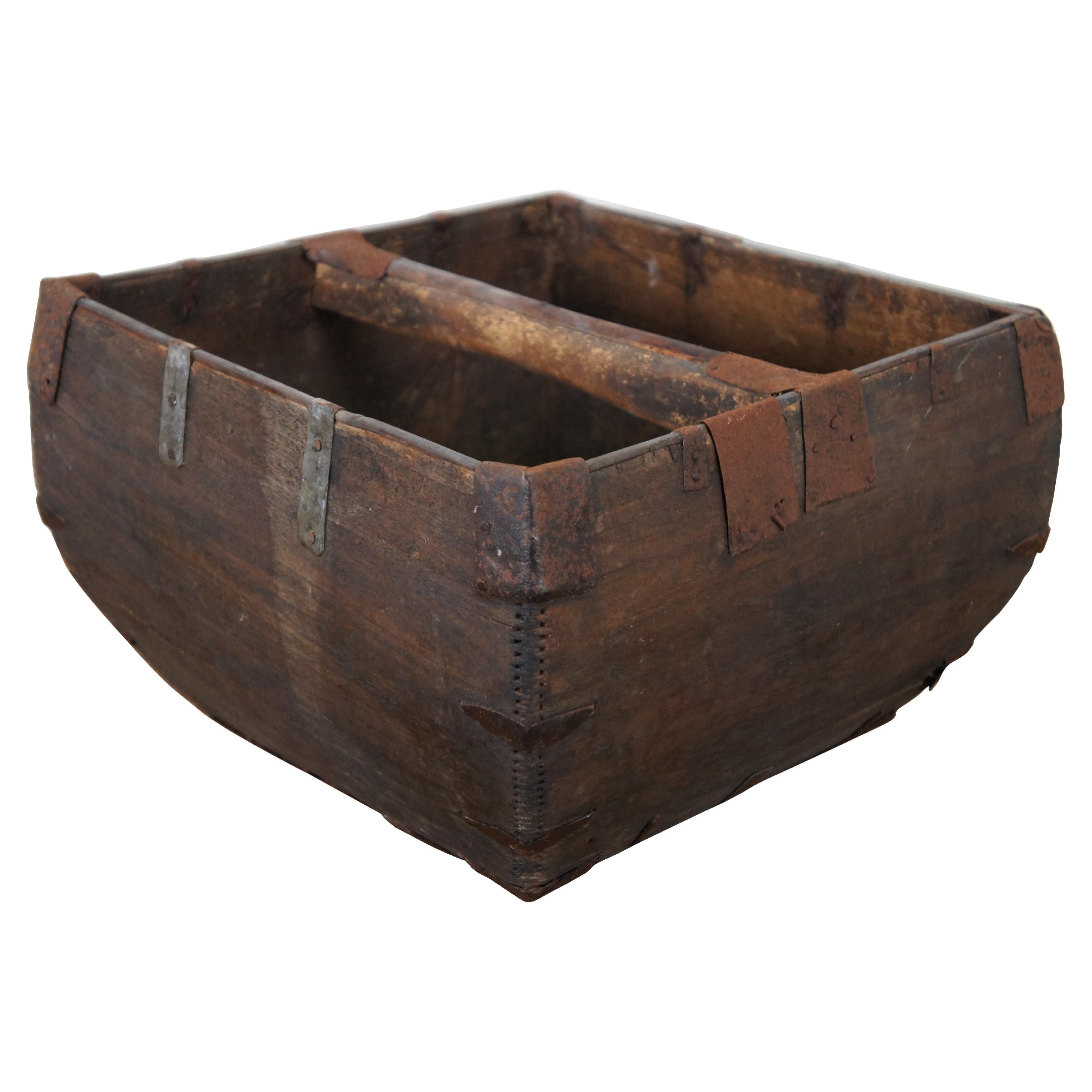 Antique Primitive Chinese Wood Iron Rice Grain Harvest Basket Bucket Trug