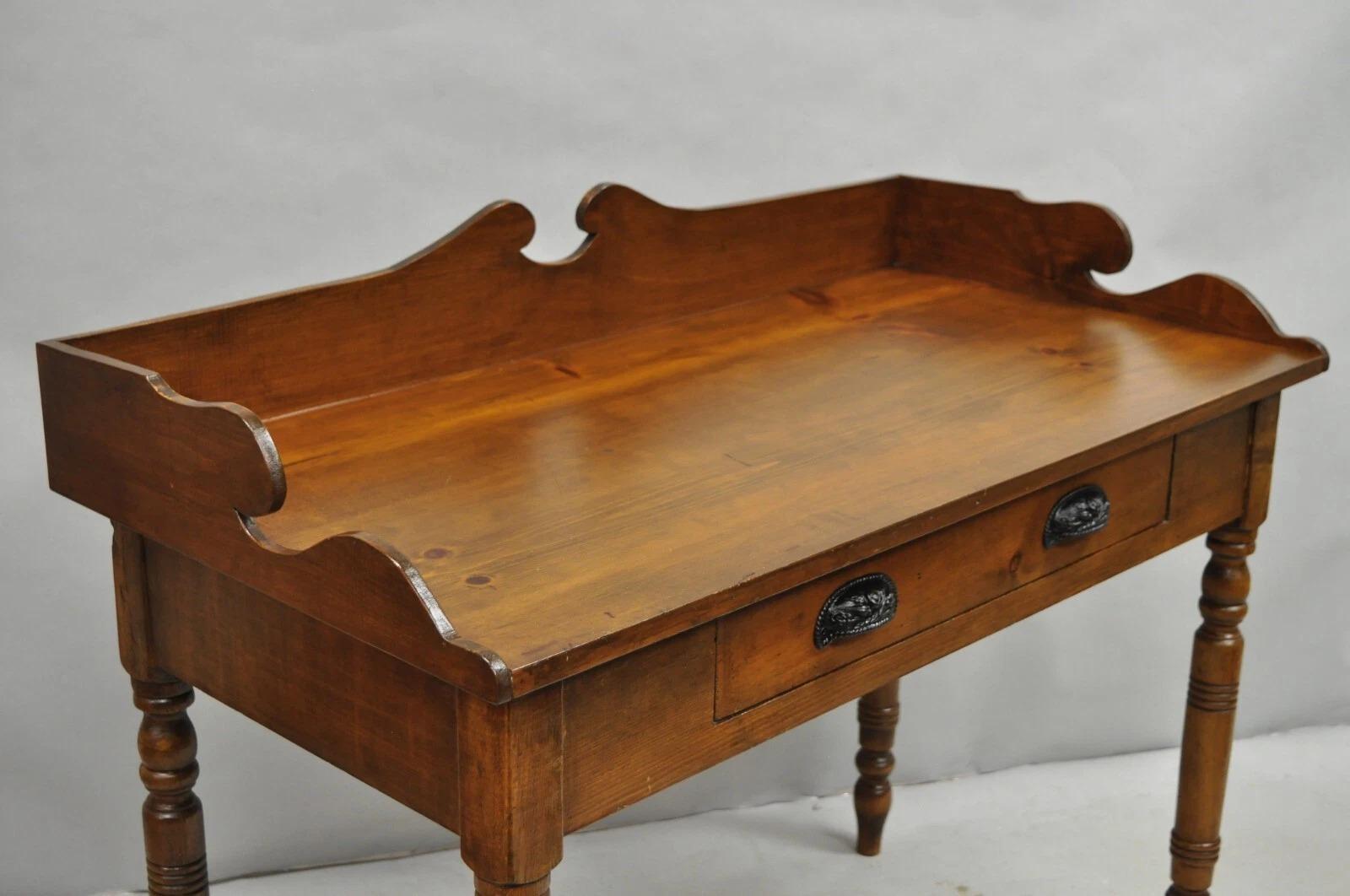 Antique Primitive Colonial Pine Wood 1 Drawer Work Table Desk w/ Backsplash For Sale 5
