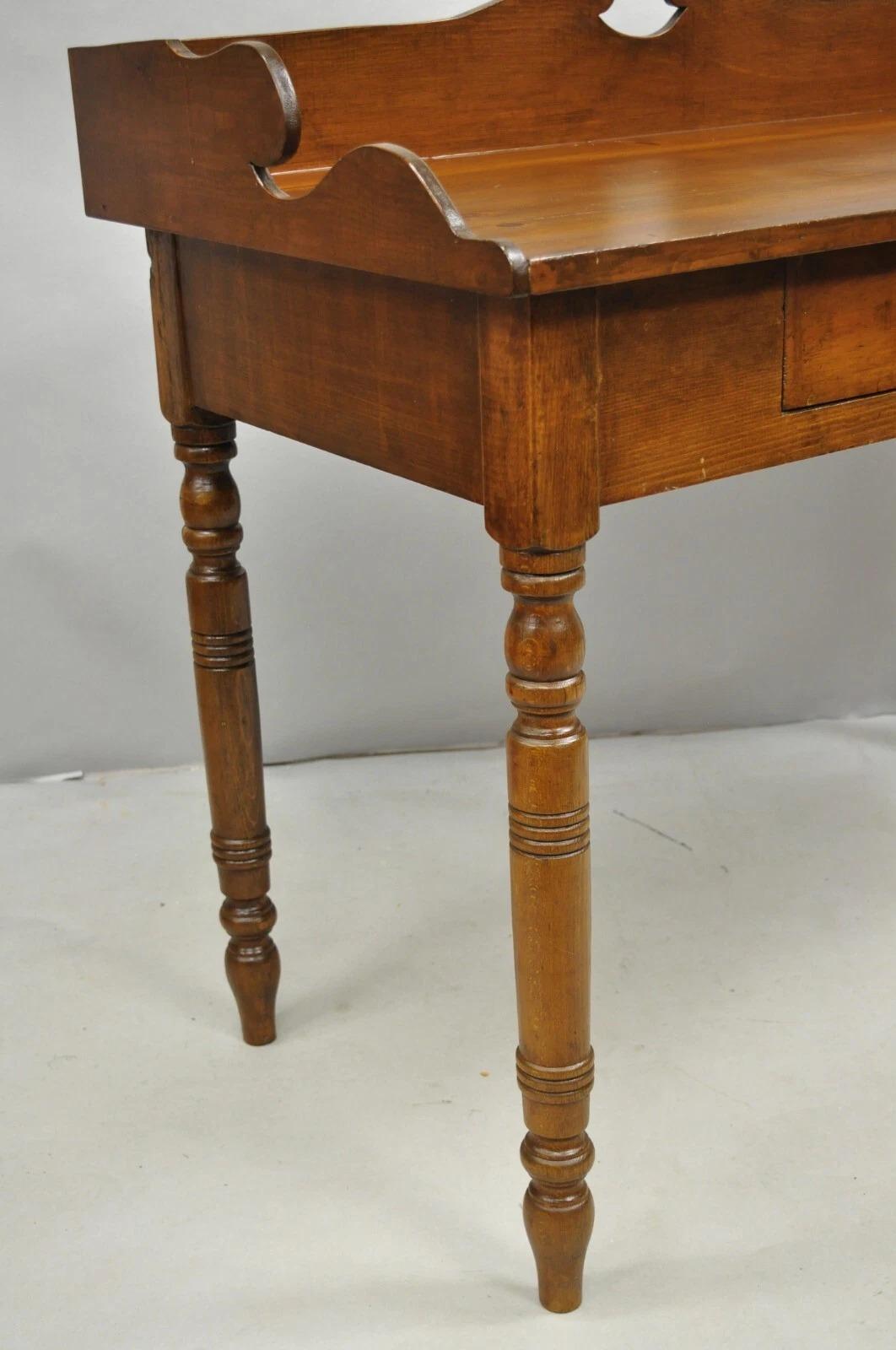 19th Century Antique Primitive Colonial Pine Wood 1 Drawer Work Table Desk w/ Backsplash For Sale
