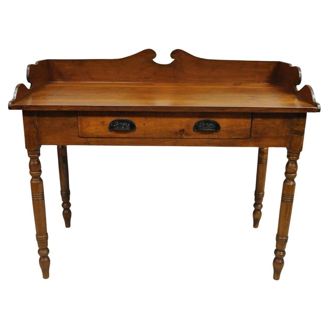 Antique Primitive Colonial Pine Wood 1 Drawer Work Table Desk w/ Backsplash For Sale