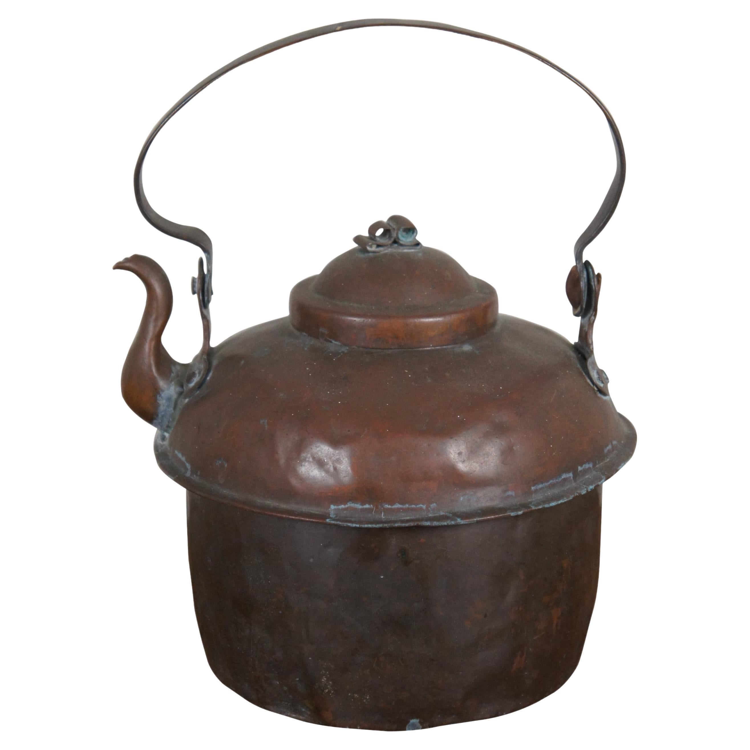 Antique Primitive Copper Dovetailed Goose Neck Tea Coffee Pot Kettle 12" For Sale