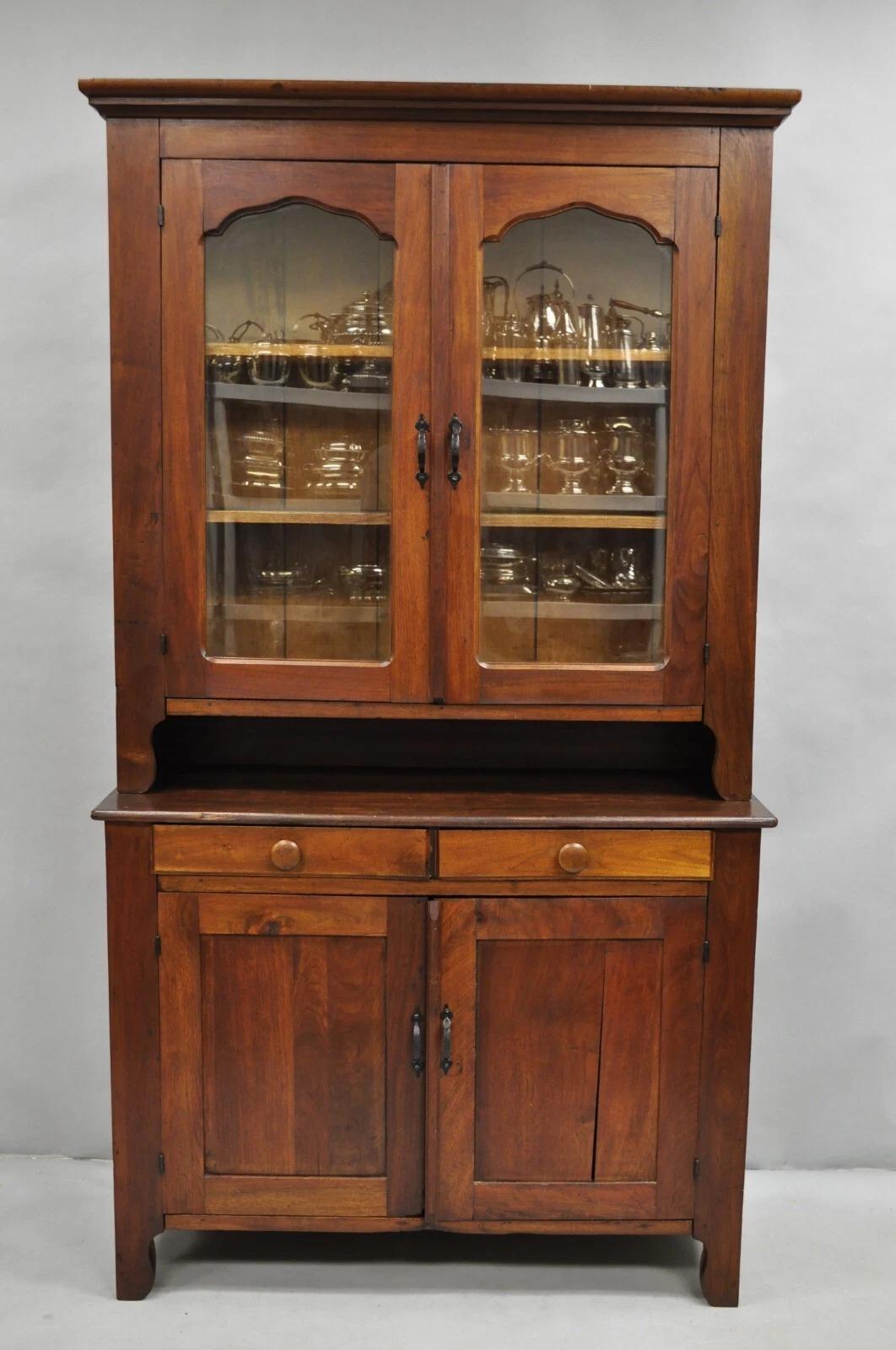 Antique Primitive Country Farmhouse Pine & Cherry Hutch Cupboard China Cabinet For Sale 9