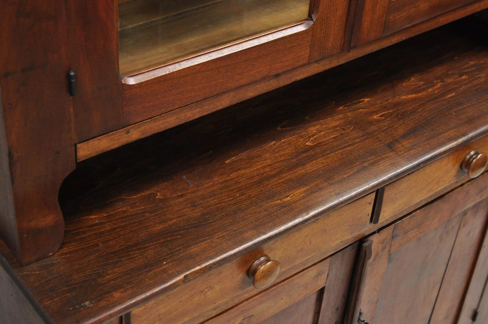 Antique Primitive Country Farmhouse Pine & Cherry Hutch Cupboard China Cabinet In Good Condition For Sale In Philadelphia, PA