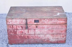Antique Primitive Country Red Distress Painted Wood Treasure Blanket Chest Trunk