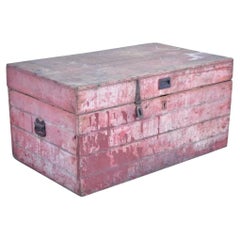 Antique Primitive Country Red Distress Painted Wood Treasure Blanket Chest Trunk