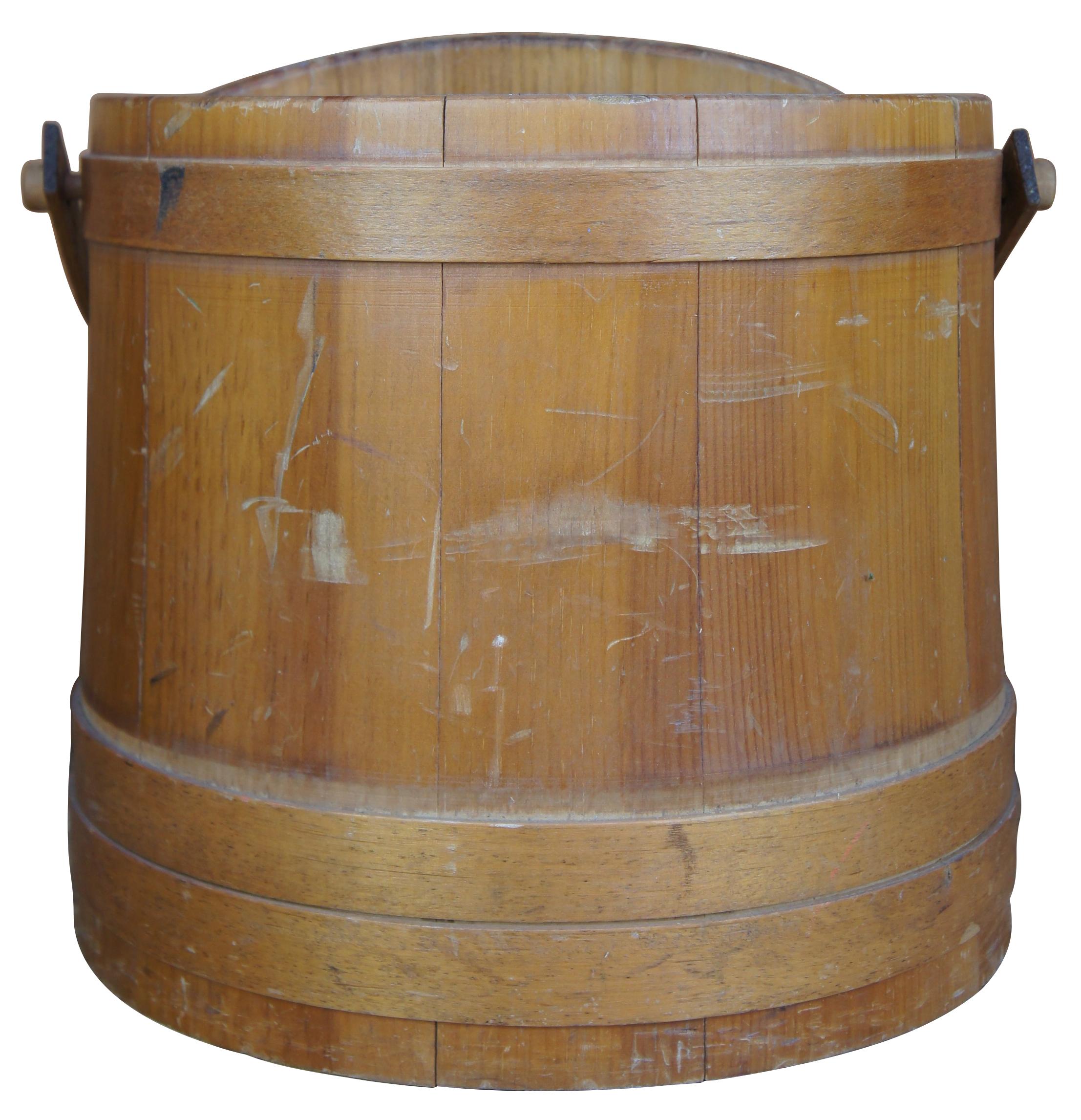 Rustic Antique Primitive Divided Pine Firkin Sugar Basket Bucket Farmhouse Bail
