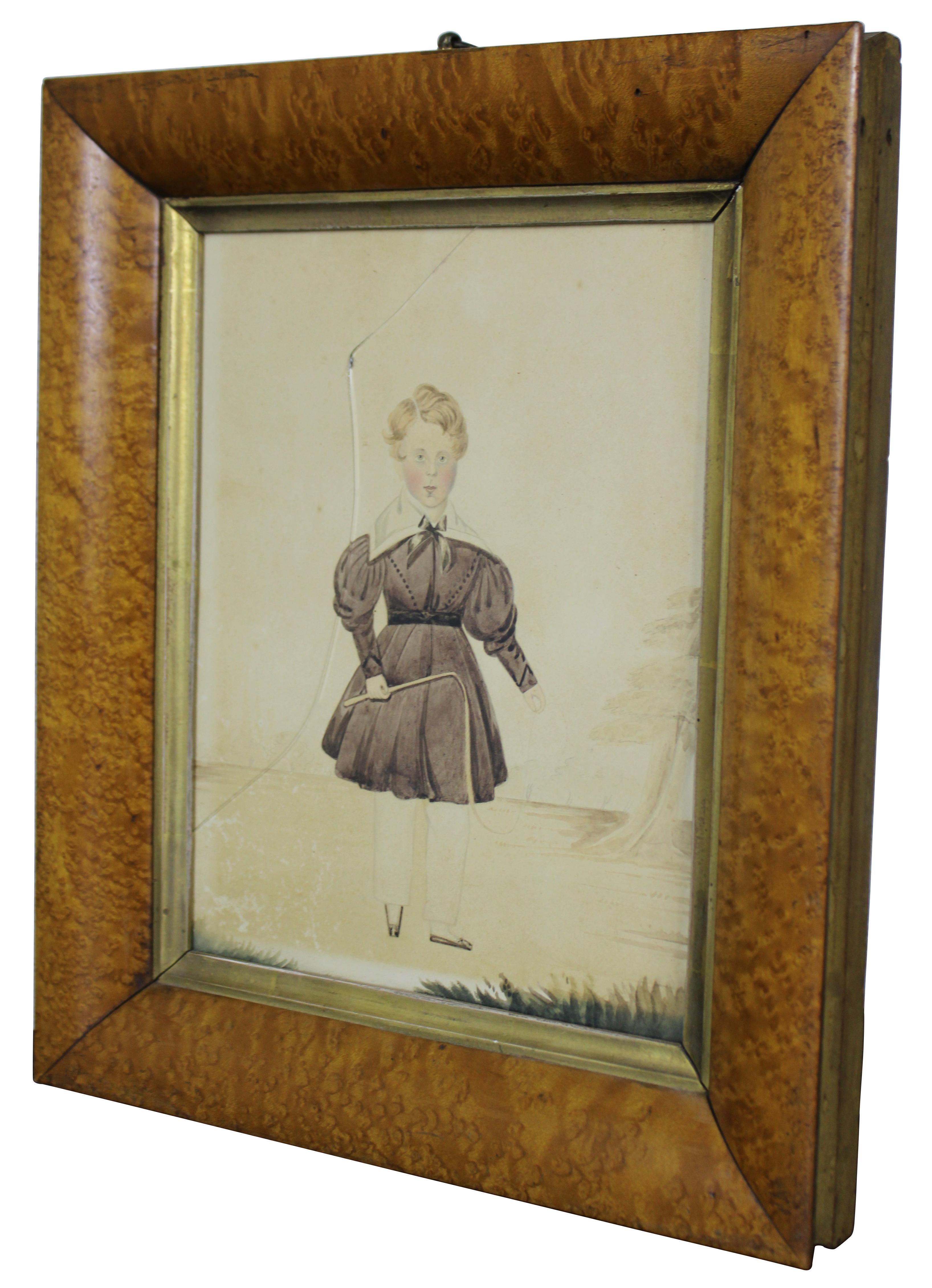 Antique primitive watercolor and pencil portrait of a young boy in brown, holding a whip from the early part of the 19th century, circa 1830s; displayed in a birdseye maple wood frame.

Measures: 10.25” x 1.25” x 12.25” / Sans frame - 6.5” x 8.5”