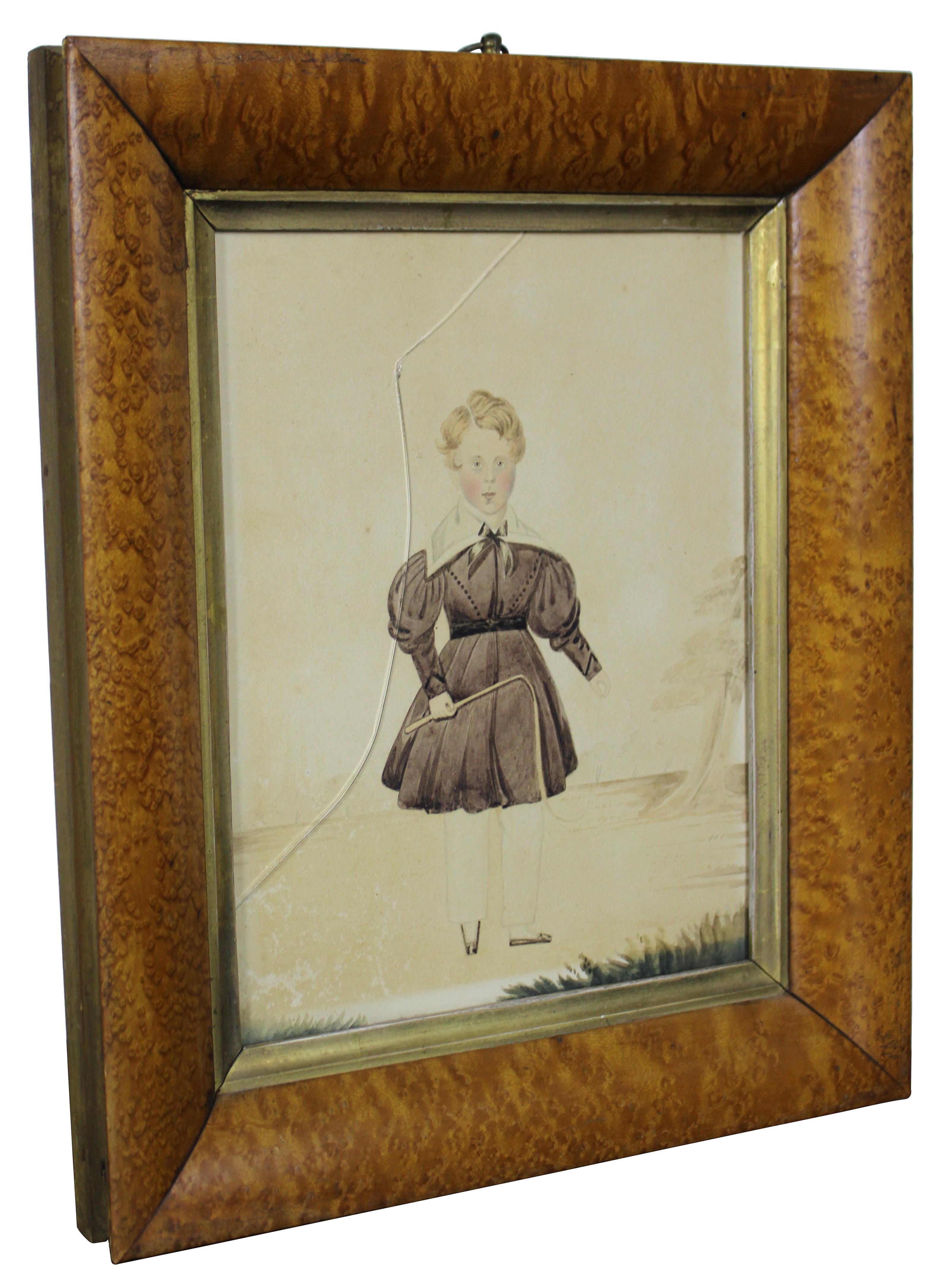 Early Victorian Antique Primitive Early 19th Century Watercolor Portrait Painting Young Boy For Sale