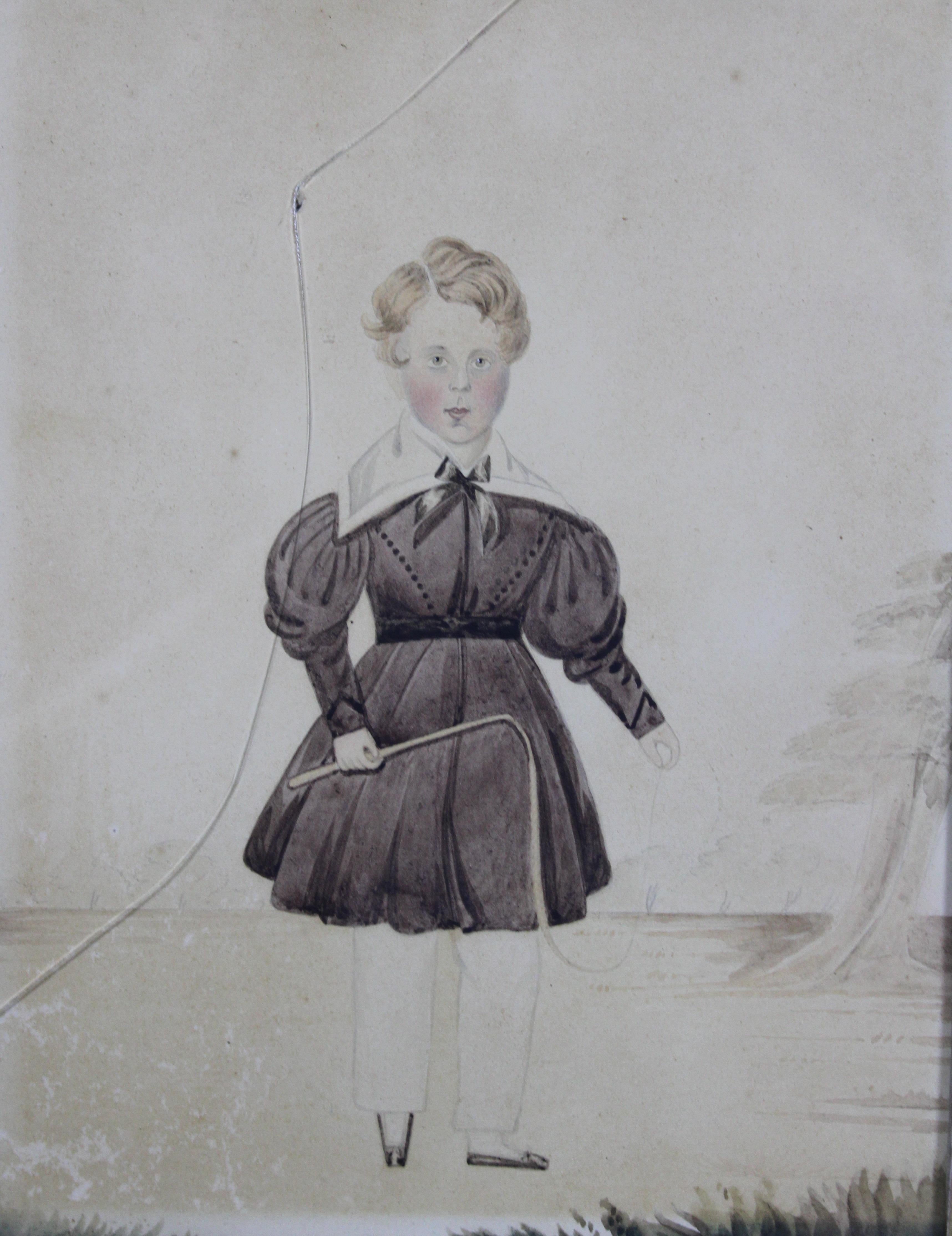 Antikes primitives Aquarell-Porträtgemälde eines jungen Jungen aus dem frühen 19. Jahrhundert (Farbe) im Angebot