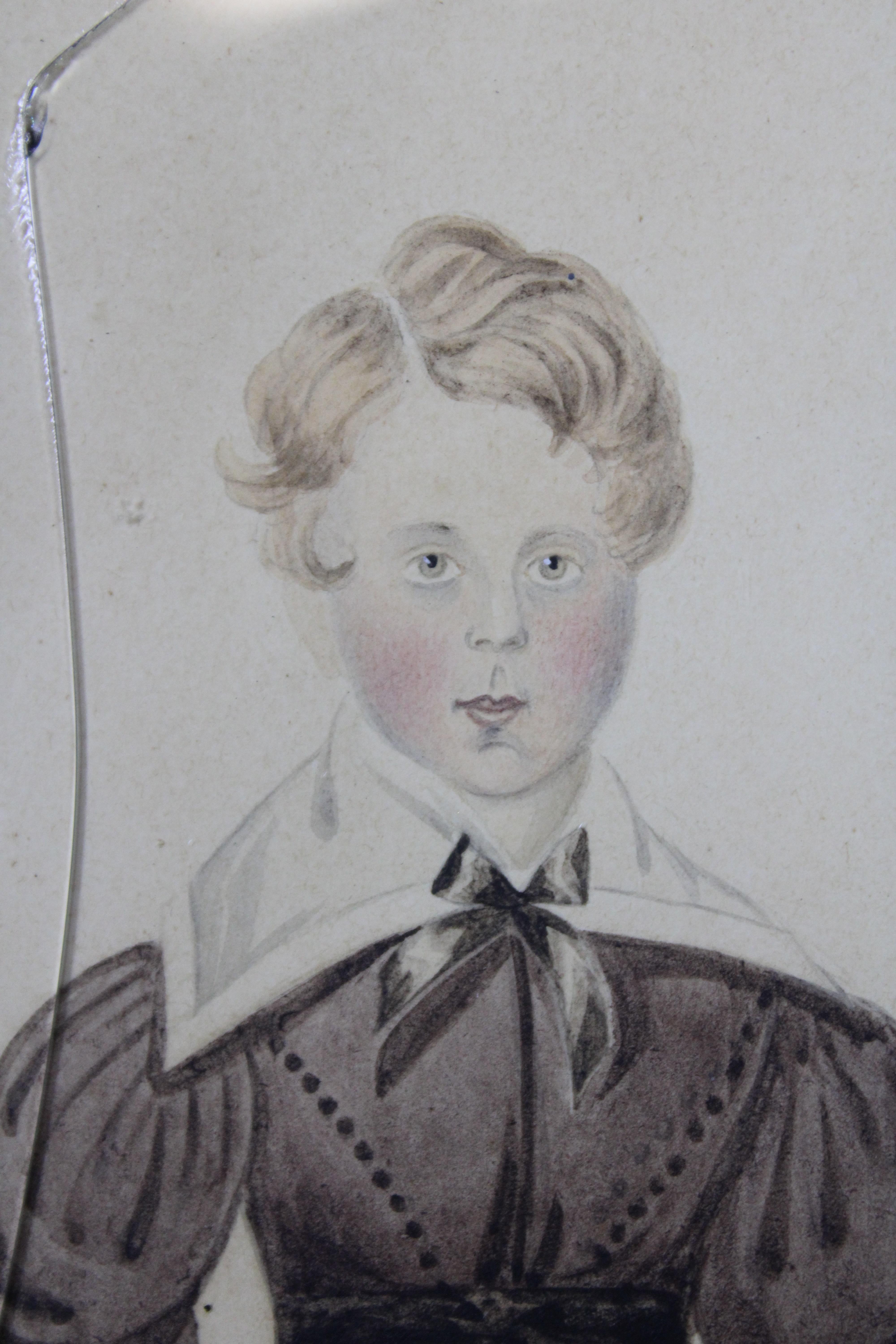 Antique Primitive Early 19th Century Watercolor Portrait Painting Young Boy For Sale 5