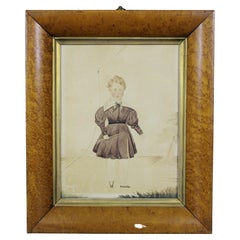 Antique Primitive Early 19th Century Watercolor Portrait Painting Young Boy