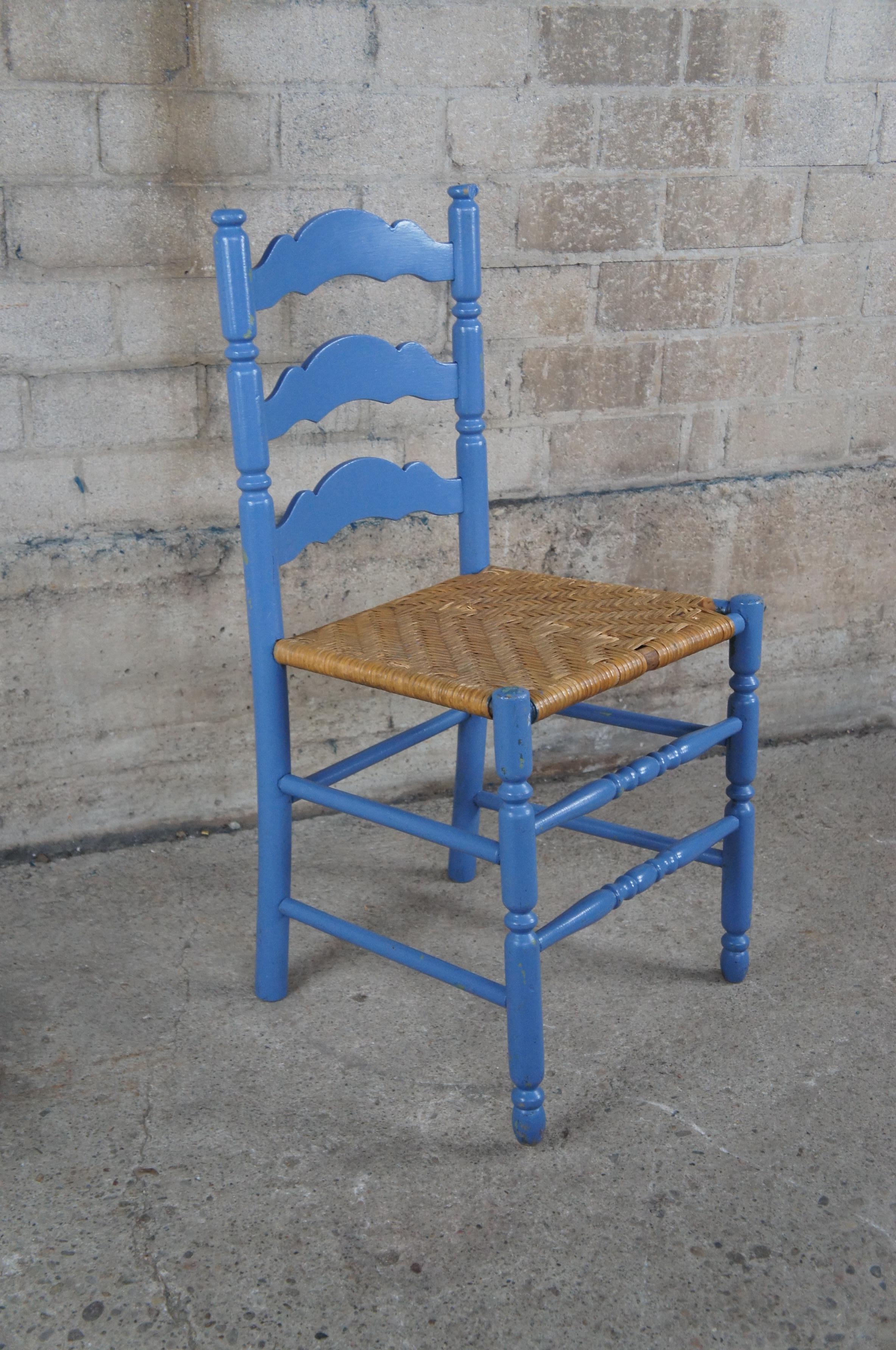 20th Century Antique Primitive Early American Blue Painted Side Accent Table & Shaker Chair
