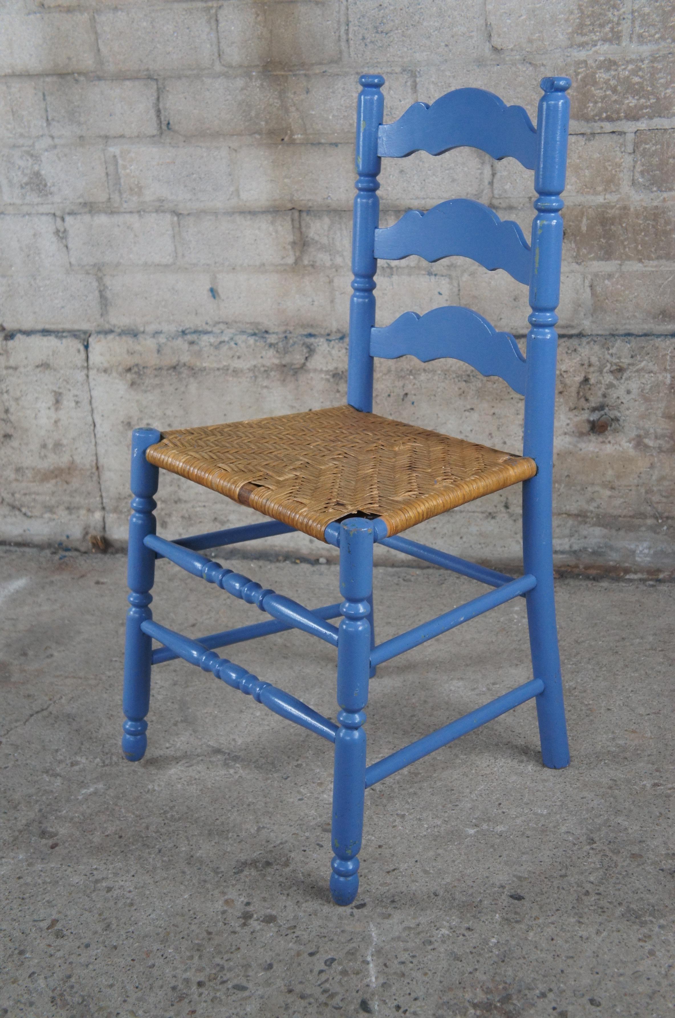 Rush Antique Primitive Early American Blue Painted Side Accent Table & Shaker Chair