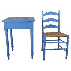 Antique Primitive Early American Blue Painted Side Accent Table & Shaker Chair