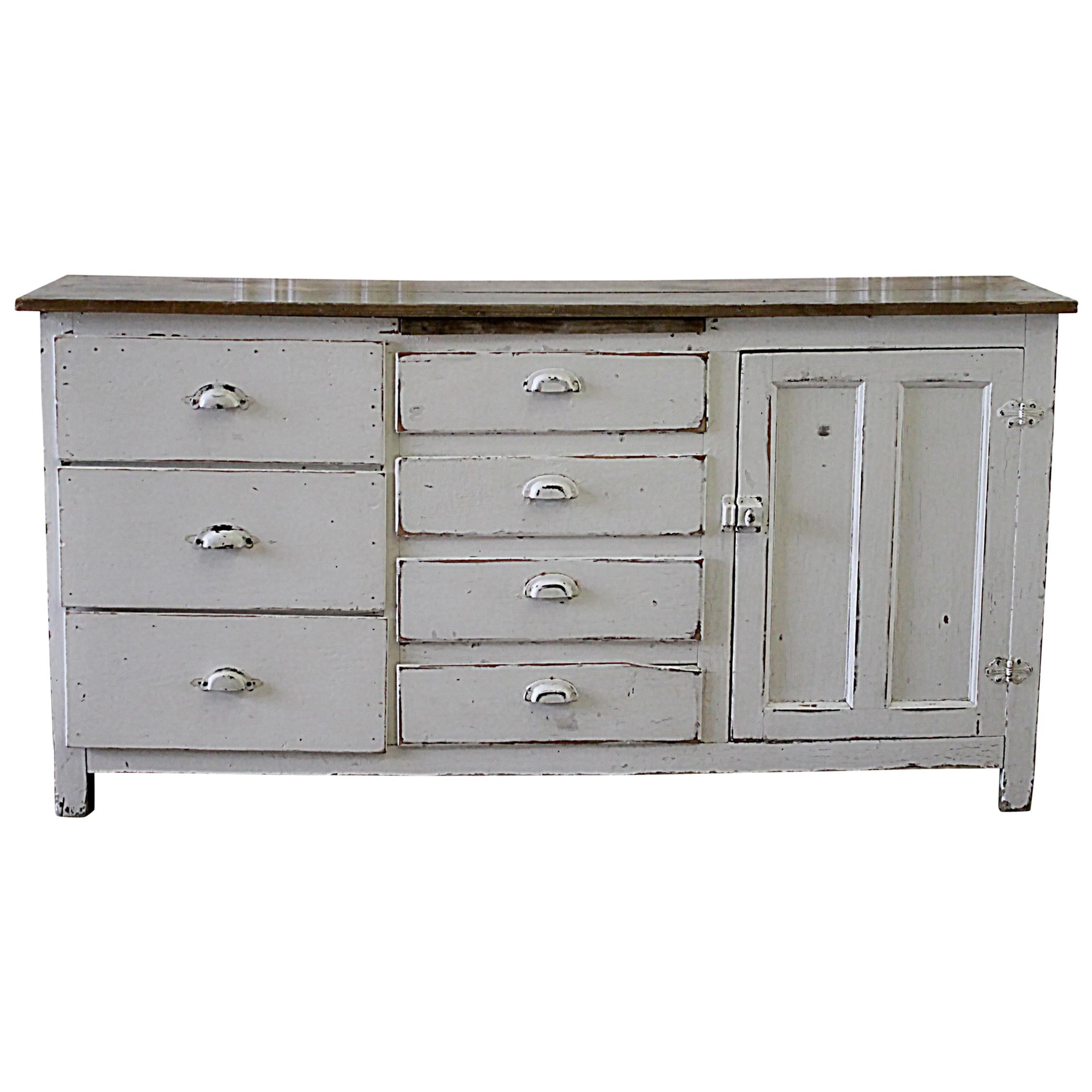 Antique Primitive European Farmhouse Style Buffet Server with Wood Top