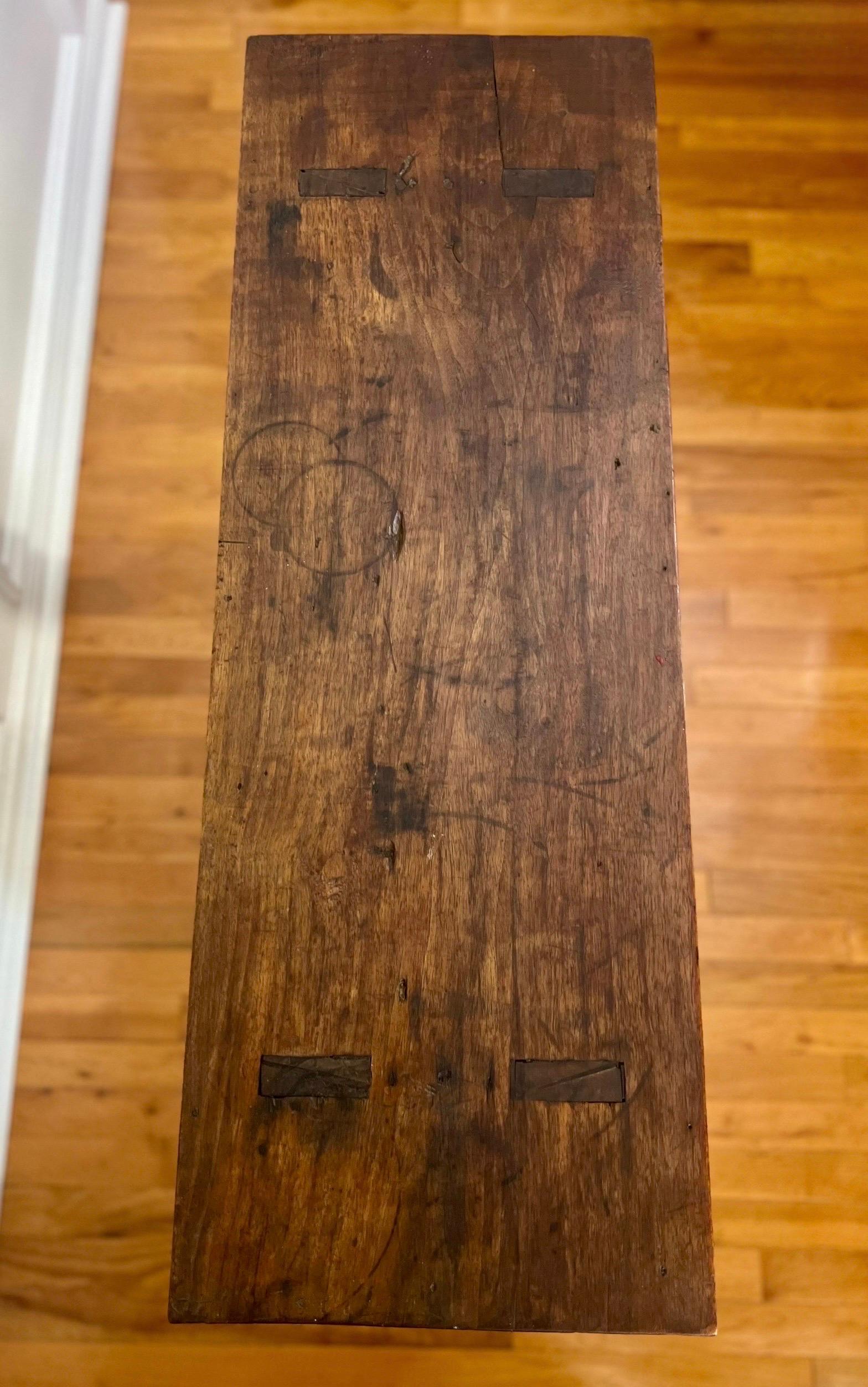 Antique Primitive Farmhouse Walnut Mortised Narrow Console or Workbench In Good Condition In Doylestown, PA