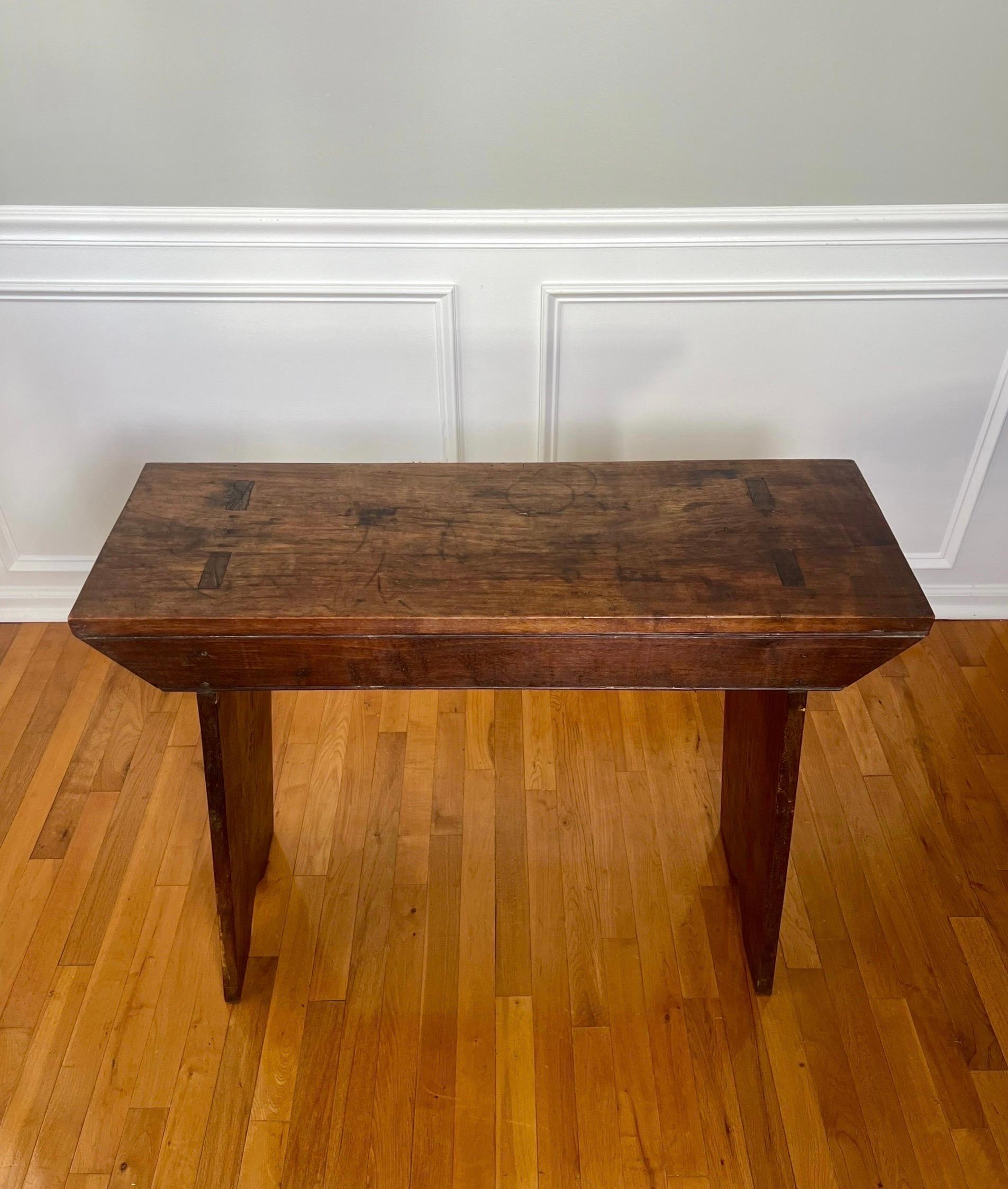 Early 20th Century Antique Primitive Farmhouse Walnut Mortised Narrow Console or Workbench