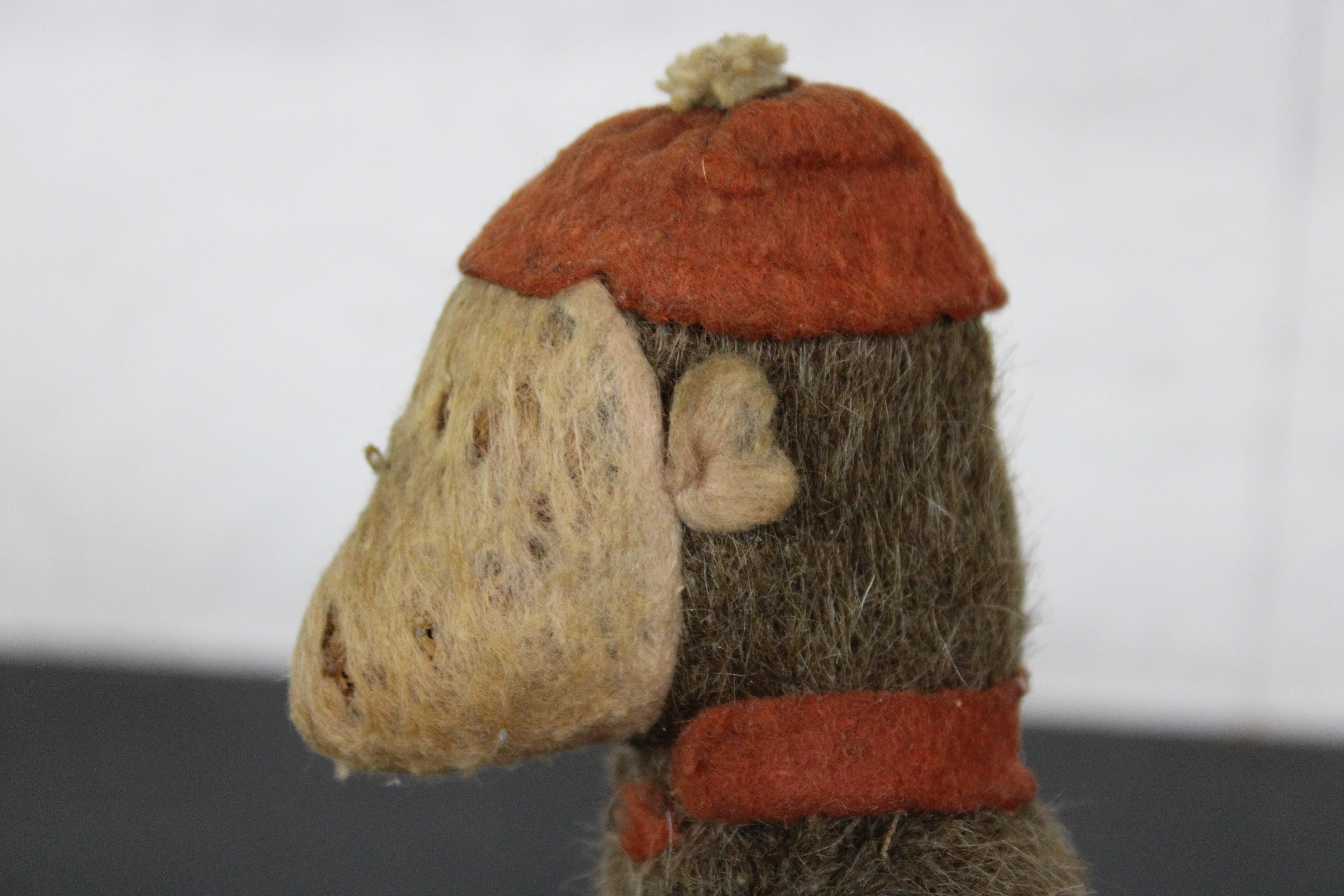 Antique Primitive Folk Art Mohair Stuffed Monkey Toy Doll Red Hat Scarf 3