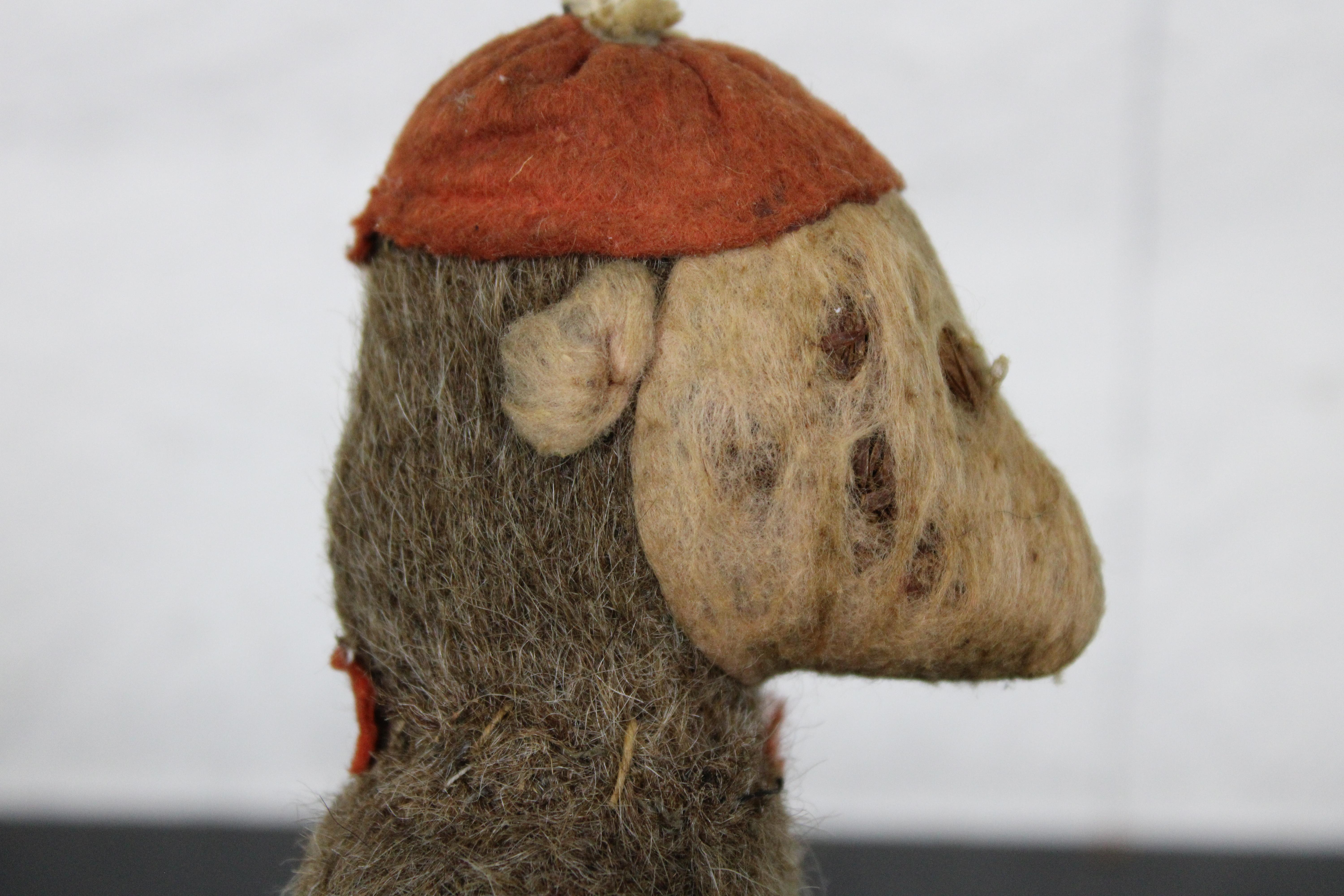 Antique Primitive Folk Art Mohair Stuffed Monkey Toy Doll Red Hat Scarf 2