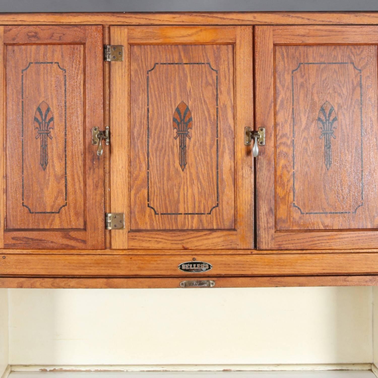 20th Century Antique Primitive Golden Oak and Enamel Hoosier Cabinet by Sellers, circa 1920